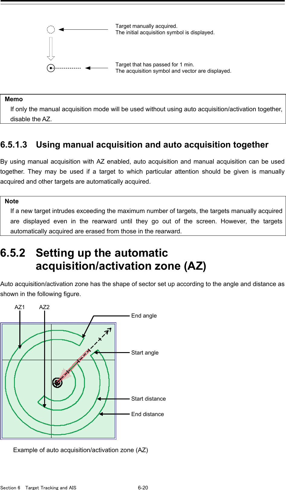  Section 6  Target Tracking and AIS 6-20    Memo If only the manual acquisition mode will be used without using auto acquisition/activation together, disable the AZ.   6.5.1.3 Using manual acquisition and auto acquisition together By using manual acquisition with AZ enabled, auto acquisition and manual acquisition can be used together. They may be used if a target to which particular attention should be given is manually acquired and other targets are automatically acquired.  Note If a new target intrudes exceeding the maximum number of targets, the targets manually acquired are displayed even in the rearward until they go out of the screen. However, the targets automatically acquired are erased from those in the rearward.  6.5.2 Setting up the automatic acquisition/activation zone (AZ) Auto acquisition/activation zone has the shape of sector set up according to the angle and distance as shown in the following figure.      Start angle AZ1 AZ2 Start distance End distance End angle Example of auto acquisition/activation zone (AZ)  Target manually acquired.The initial acquisition symbol is displayed.Target that has passed for 1 min.The acquisition symbol and vector are displayed.