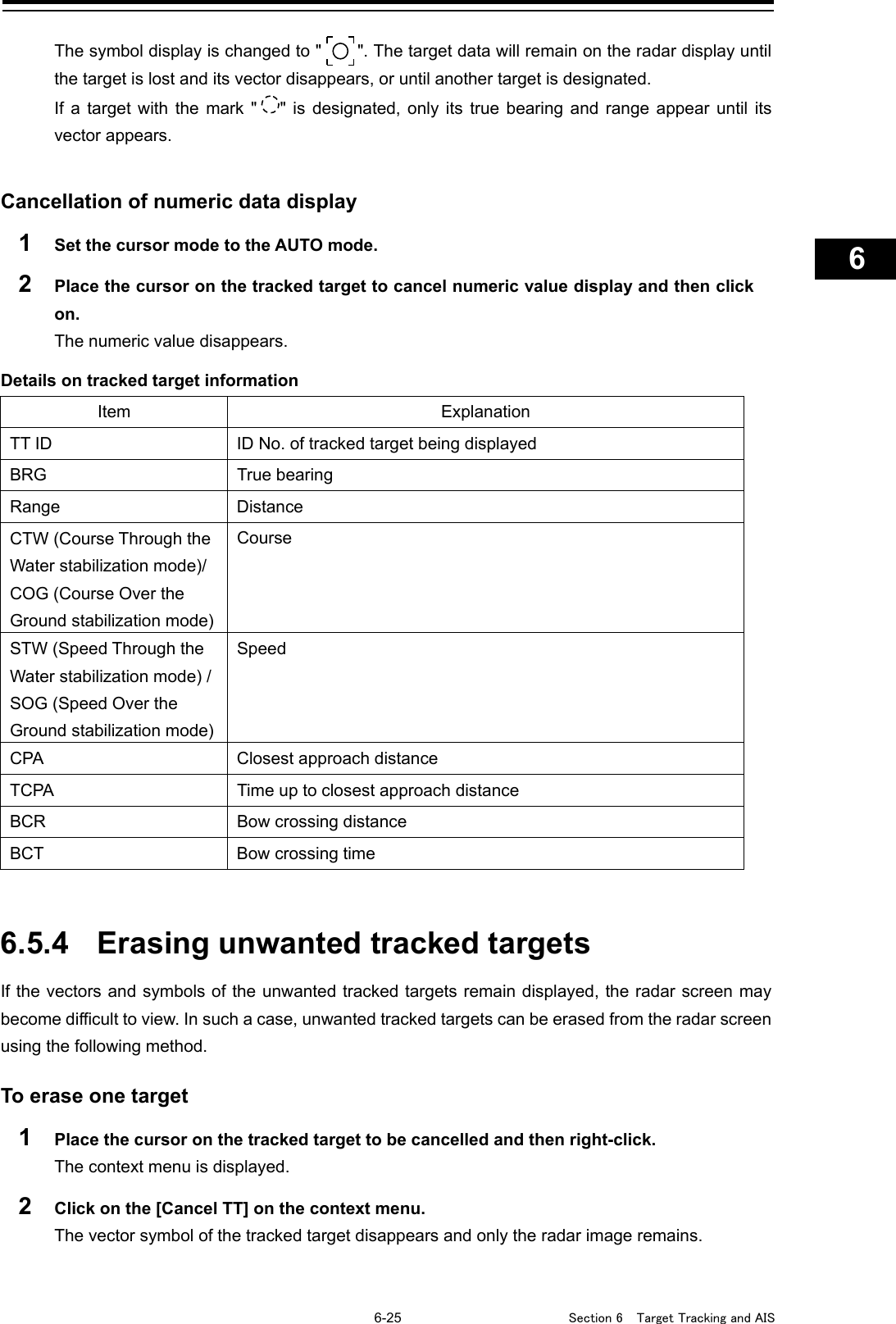   6-25  Section 6  Target Tracking and AIS    1  2  3  4  5  6  7  8  9  10  11  12  13  14  15  16  17  18  19  20  21  22  23  24  25  26  27      The symbol display is changed to &quot; &quot;. The target data will remain on the radar display until the target is lost and its vector disappears, or until another target is designated. If a target with the mark &quot; &quot;  is designated, only its true bearing and range appear until its vector appears.   Cancellation of numeric data display 1  Set the cursor mode to the AUTO mode. 2  Place the cursor on the tracked target to cancel numeric value display and then click on. The numeric value disappears.  Details on tracked target information Item Explanation TT ID ID No. of tracked target being displayed BRG True bearing Range Distance CTW (Course Through the Water stabilization mode)/ COG (Course Over the Ground stabilization mode) Course STW (Speed Through the Water stabilization mode) / SOG (Speed Over the Ground stabilization mode) Speed CPA Closest approach distance TCPA Time up to closest approach distance BCR Bow crossing distance BCT Bow crossing time   6.5.4 Erasing unwanted tracked targets If the vectors and symbols of the unwanted tracked targets remain displayed, the radar screen may become difficult to view. In such a case, unwanted tracked targets can be erased from the radar screen using the following method.   To erase one target 1  Place the cursor on the tracked target to be cancelled and then right-click. The context menu is displayed. 2  Click on the [Cancel TT] on the context menu. The vector symbol of the tracked target disappears and only the radar image remains.      