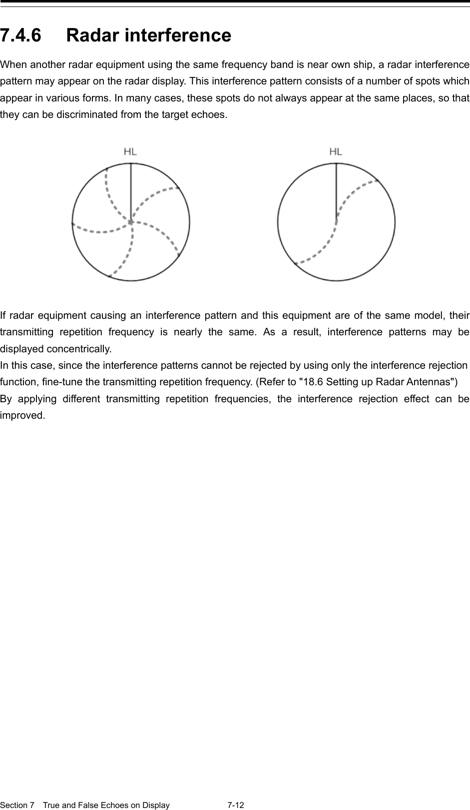  Section 7  True and False Echoes on Display  7-12  7.4.6 Radar interference When another radar equipment using the same frequency band is near own ship, a radar interference pattern may appear on the radar display. This interference pattern consists of a number of spots which appear in various forms. In many cases, these spots do not always appear at the same places, so that they can be discriminated from the target echoes.    If radar equipment causing an interference pattern and this equipment are of the same model, their transmitting repetition frequency is nearly the same. As a result, interference patterns may be displayed concentrically. In this case, since the interference patterns cannot be rejected by using only the interference rejection function, fine-tune the transmitting repetition frequency. (Refer to &quot;18.6 Setting up Radar Antennas&quot;) By applying different transmitting  repetition frequencies, the interference rejection effect can be improved.    