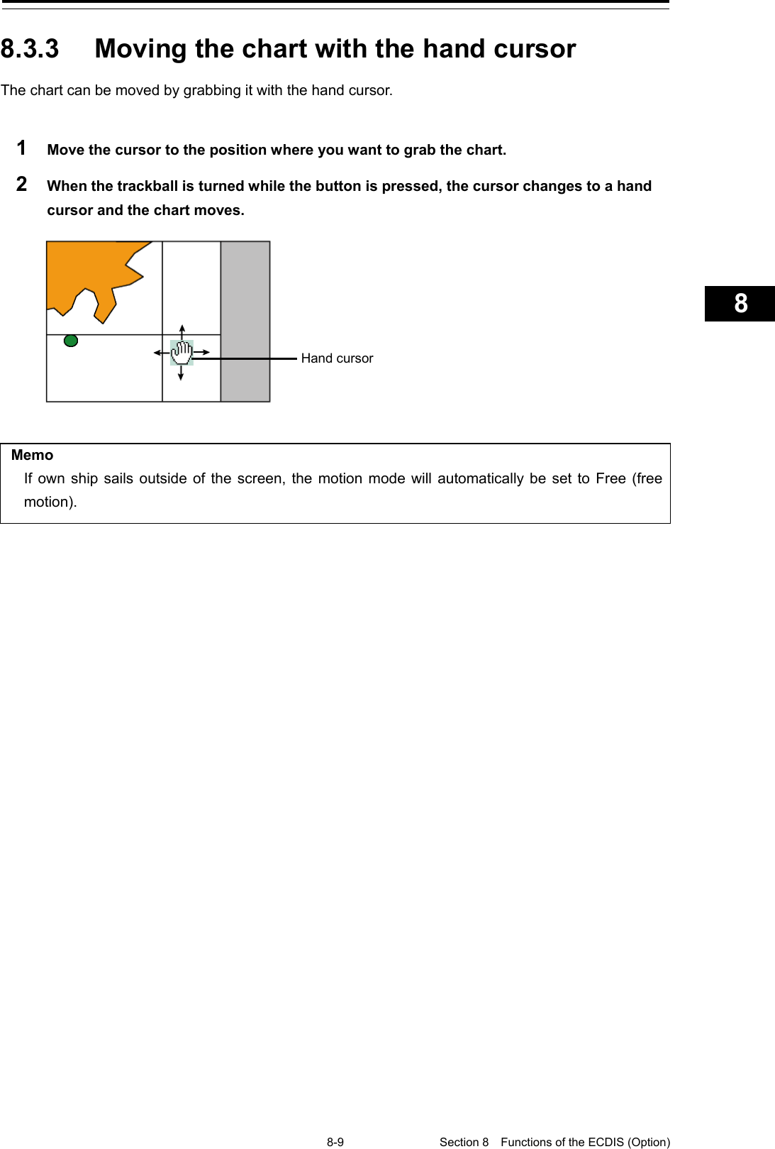   8-9 Section 8  Functions of the ECDIS (Option)    1  2  3  4  5  6  7  8  9  10  11  12  13  14  15  16  17  18  19  20  21  22  23  24  25  26  27      8.3.3 Moving the chart with the hand cursor The chart can be moved by grabbing it with the hand cursor.  1  Move the cursor to the position where you want to grab the chart. 2  When the trackball is turned while the button is pressed, the cursor changes to a hand cursor and the chart moves.    Memo If own ship sails outside of the screen, the motion mode will automatically be set to Free (free motion).   Hand cursor 