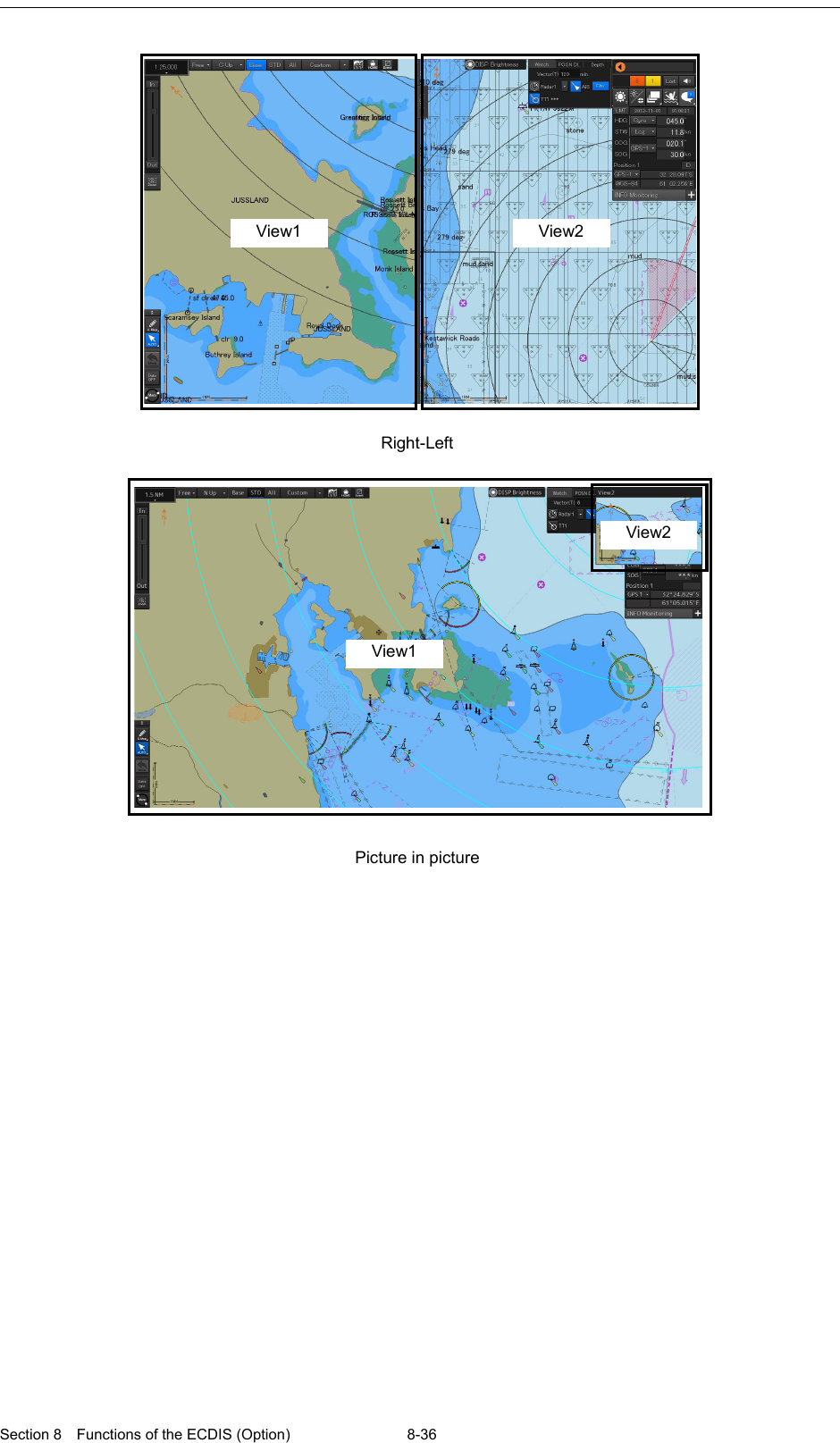  Section 8  Functions of the ECDIS (Option) 8-36       Right-Left    View1 View2 Picture in picture   View2 View1 