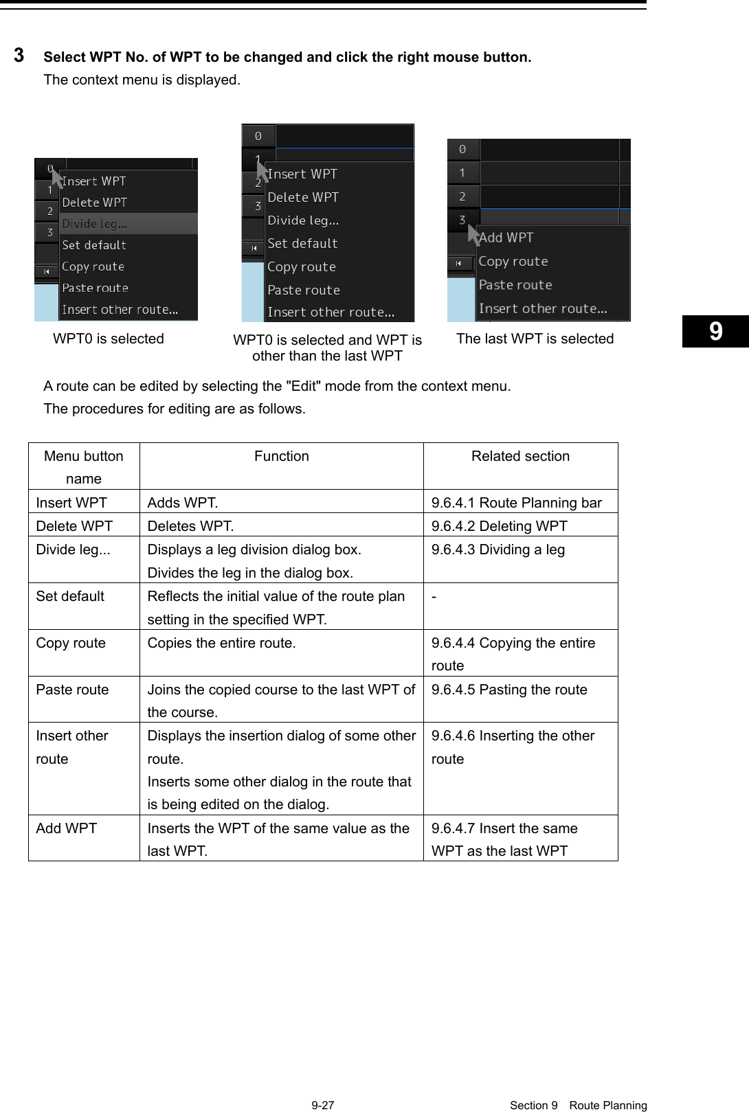    9-27  Section 9  Route Planning    1  2  3  4  5  6  7  8  9  10  11  12  13  14  15  16  17  18  19  20  21  22  23  24  25  26  27      3  Select WPT No. of WPT to be changed and click the right mouse button. The context menu is displayed.  A route can be edited by selecting the &quot;Edit&quot; mode from the context menu. The procedures for editing are as follows.  Menu button name Function Related section Insert WPT Adds WPT. 9.6.4.1 Route Planning bar Delete WPT Deletes WPT. 9.6.4.2 Deleting WPT Divide leg... Displays a leg division dialog box. Divides the leg in the dialog box. 9.6.4.3 Dividing a leg Set default Reflects the initial value of the route plan setting in the specified WPT. - Copy route Copies the entire route. 9.6.4.4 Copying the entire route Paste route Joins the copied course to the last WPT of the course. 9.6.4.5 Pasting the route Insert other route Displays the insertion dialog of some other route. Inserts some other dialog in the route that is being edited on the dialog. 9.6.4.6 Inserting the other route Add WPT Inserts the WPT of the same value as the las t  WPT. 9.6.4.7 Insert the same WPT as the last WPT    WPT0 is selected WPT0 is selected and WPT is other than the last WPT The last WPT is selected 