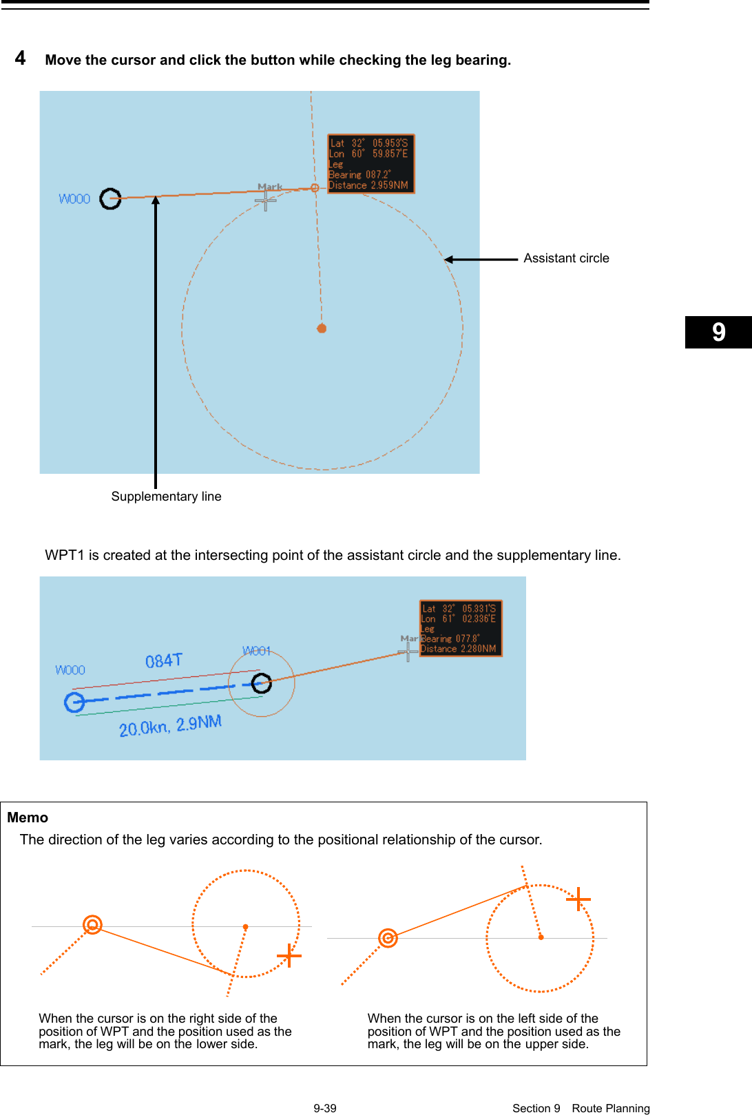    9-39  Section 9  Route Planning    1  2  3  4  5  6  7  8  9  10  11  12  13  14  15  16  17  18  19  20  21  22  23  24  25  26  27      4  Move the cursor and click the button while checking the leg bearing.      WPT1 is created at the intersecting point of the assistant circle and the supplementary line.    Supplementary line Assistant circle Memo The direction of the leg varies according to the positional relationship of the cursor. When the cursor is on the right side of the position of WPT and the position used as the mark, the leg will be on the lower side. When the cursor is on the left side of the position of WPT and the position used as the mark, the leg will be on the upper side.   