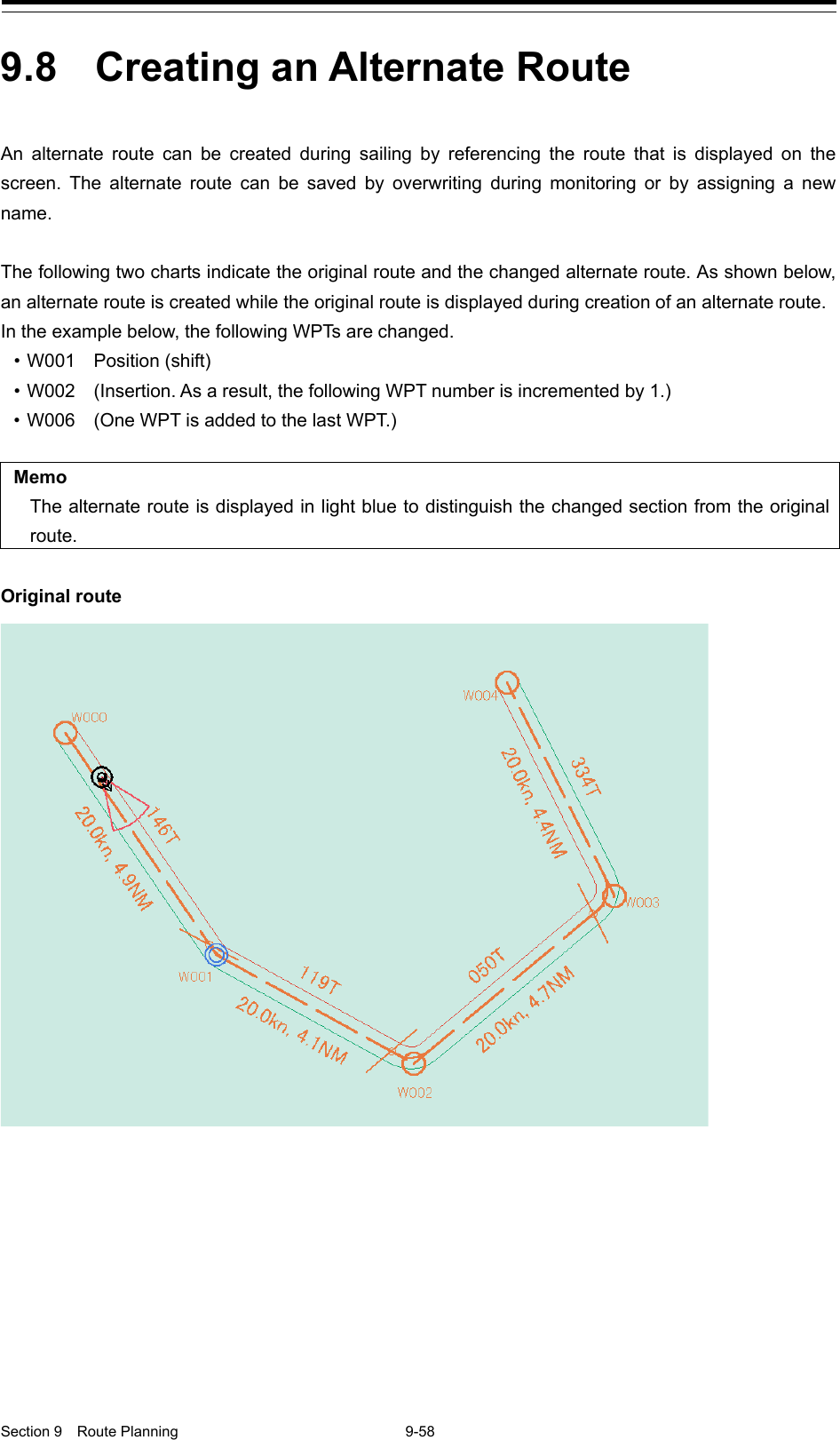  Section 9  Route Planning  9-58  9.8  Creating an Alternate Route  An alternate route can be created during sailing by referencing the route that is displayed on the screen. The alternate route can be saved by overwriting during monitoring or by assigning a new name.  The following two charts indicate the original route and the changed alternate route. As shown below, an alternate route is created while the original route is displayed during creation of an alternate route. In the example below, the following WPTs are changed. • W001   Position (shift) • W002  (Insertion. As a result, the following WPT number is incremented by 1.) • W006  (One WPT is added to the last WPT.)  Memo The alternate route is displayed in light blue to distinguish the changed section from the original route.  Original route    