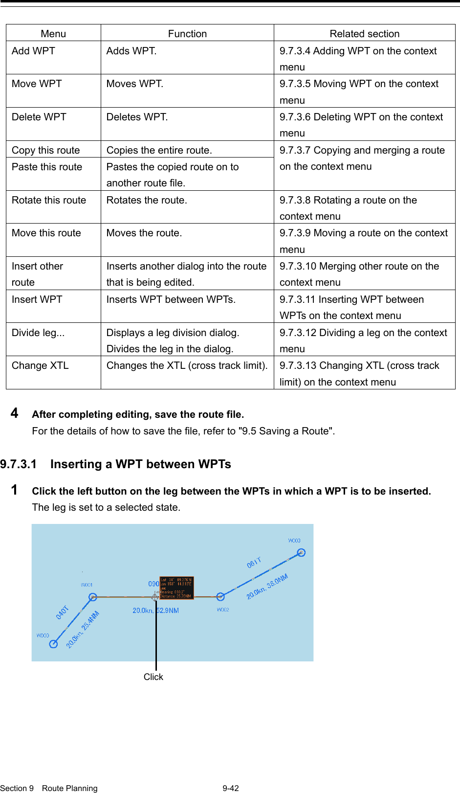  Section 9  Route Planning  9-42  Menu Function Related section Add WPT Adds WPT. 9.7.3.4 Adding WPT on the context menu Move WPT Moves WPT. 9.7.3.5 Moving WPT on the context menu Delete WPT Deletes WPT. 9.7.3.6 Deleting WPT on the context menu Copy this route Copies the entire route. 9.7.3.7 Copying and merging a route on the context menu Paste this route Pastes the copied route on to another route file. Rotate this route Rotates the route. 9.7.3.8 Rotating a route on the context menu Move this route Moves the route. 9.7.3.9 Moving a route on the context menu Insert other   route Inserts another dialog into the route that is being edited. 9.7.3.10 Merging other route on the context menu Insert WPT Inserts WPT between WPTs. 9.7.3.11 Inserting WPT between WPTs on the context menu Divide leg... Displays a leg division dialog. Divides the leg in the dialog. 9.7.3.12 Dividing a leg on the context menu Change XTL Changes the XTL (cross track limit). 9.7.3.13 Changing XTL (cross track limit) on the context menu  4  After completing editing, save the route file. For the details of how to save the file, refer to &quot;9.5 Saving a Route&quot;.  9.7.3.1 Inserting a WPT between WPTs 1  Click the left button on the leg between the WPTs in which a WPT is to be inserted. The leg is set to a selected state.     Click 