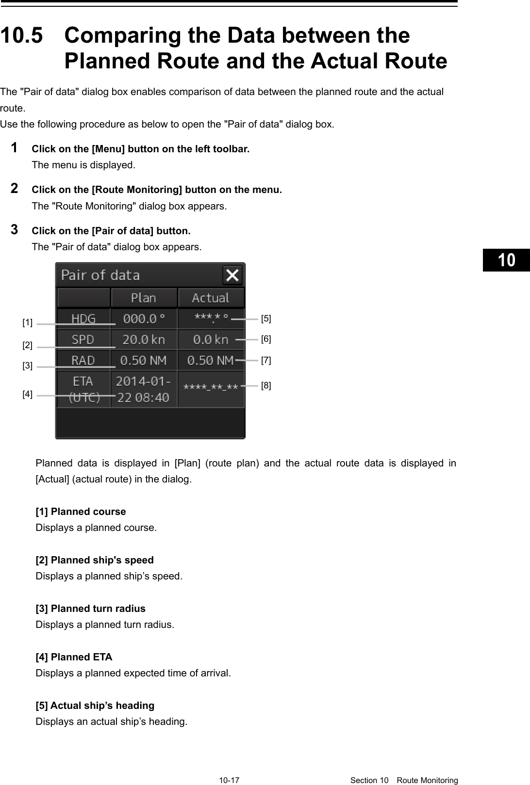     10-17  Section 10  Route Monitoring    1  2  3  4  5  6  7  8  9  10  11  12  13  14  15  16  17  18  19  20  21  22  23  24  25  26  27      10.5  Comparing the Data between the Planned Route and the Actual Route The &quot;Pair of data&quot; dialog box enables comparison of data between the planned route and the actual route. Use the following procedure as below to open the &quot;Pair of data&quot; dialog box. 1  Click on the [Menu] button on the left toolbar. The menu is displayed. 2  Click on the [Route Monitoring] button on the menu. The &quot;Route Monitoring&quot; dialog box appears. 3  Click on the [Pair of data] button. The &quot;Pair of data&quot; dialog box appears.  Planned data is displayed in [Plan] (route plan) and the actual route data is displayed in [Actual] (actual route) in the dialog.  [1] Planned course Displays a planned course.  [2] Planned ship&apos;s speed Displays a planned ship’s speed.  [3] Planned turn radius Displays a planned turn radius.  [4] Planned ETA Displays a planned expected time of arrival.  [5] Actual ship’s heading Displays an actual ship’s heading.   [5] [6] [7] [8] [1] [2] [3] [4] 