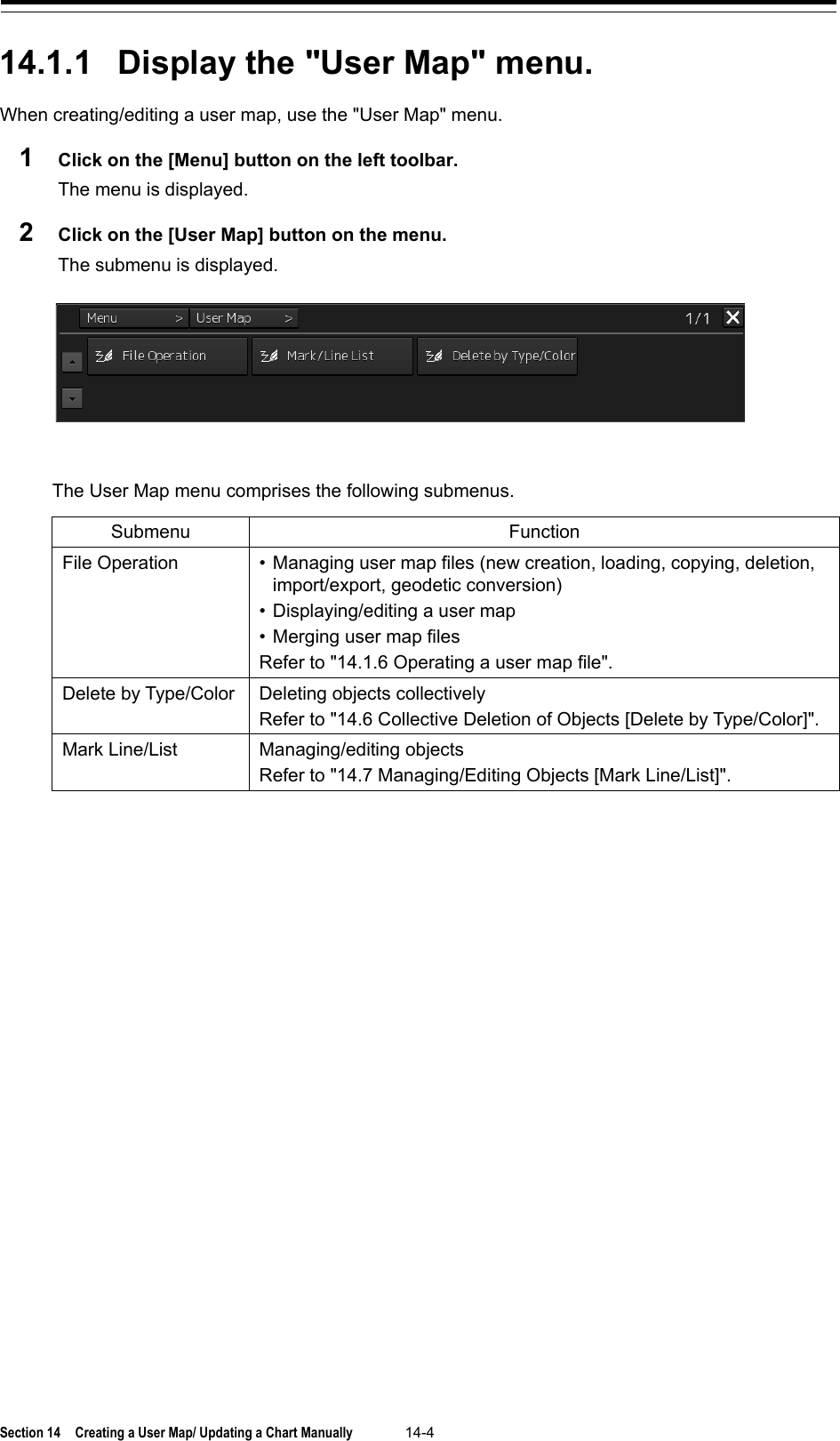  Section 14  Creating a User Map/ Updating a Chart Manually 14-4  14.1.1 Display the &quot;User Map&quot; menu. When creating/editing a user map, use the &quot;User Map&quot; menu. 1  Click on the [Menu] button on the left toolbar. The menu is displayed. 2  Click on the [User Map] button on the menu. The submenu is displayed.   The User Map menu comprises the following submenus.  Submenu Function File Operation • Managing user map files (new creation, loading, copying, deletion, import/export, geodetic conversion) • Displaying/editing a user map • Merging user map files Refer to &quot;14.1.6 Operating a user map file&quot;. Delete by Type/Color Deleting objects collectively Refer to &quot;14.6 Collective Deletion of Objects [Delete by Type/Color]&quot;. Mark Line/List Managing/editing objects Refer to &quot;14.7 Managing/Editing Objects [Mark Line/List]&quot;.    