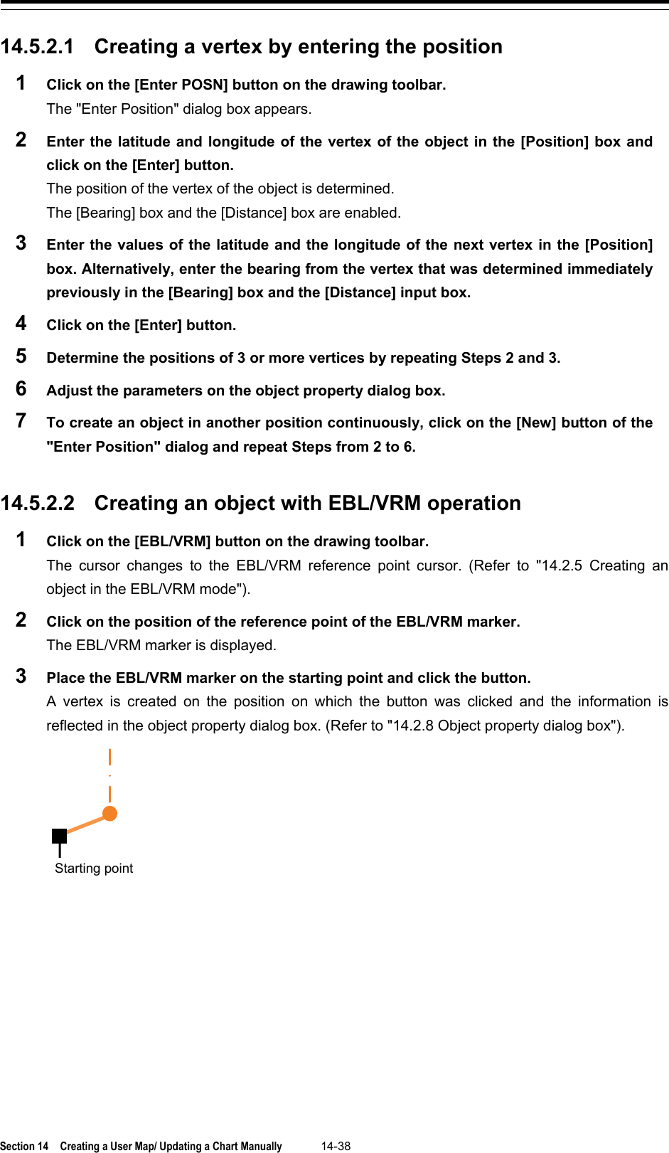  Section 14  Creating a User Map/ Updating a Chart Manually 14-38  14.5.2.1 Creating a vertex by entering the position 1  Click on the [Enter POSN] button on the drawing toolbar. The &quot;Enter Position&quot; dialog box appears. 2  Enter the latitude and longitude of the vertex of the object in the [Position] box and click on the [Enter] button. The position of the vertex of the object is determined. The [Bearing] box and the [Distance] box are enabled. 3  Enter the values of the latitude and the longitude of the next vertex in the [Position] box. Alternatively, enter the bearing from the vertex that was determined immediately previously in the [Bearing] box and the [Distance] input box. 4  Click on the [Enter] button. 5  Determine the positions of 3 or more vertices by repeating Steps 2 and 3. 6  Adjust the parameters on the object property dialog box. 7  To create an object in another position continuously, click on the [New] button of the &quot;Enter Position&quot; dialog and repeat Steps from 2 to 6.   14.5.2.2 Creating an object with EBL/VRM operation 1  Click on the [EBL/VRM] button on the drawing toolbar. The cursor changes to the EBL/VRM reference point cursor.  (Refer to &quot;14.2.5 Creating an object in the EBL/VRM mode&quot;). 2  Click on the position of the reference point of the EBL/VRM marker. The EBL/VRM marker is displayed. 3  Place the EBL/VRM marker on the starting point and click the button. A vertex is created on the position on which the button was clicked and the information is reflected in the object property dialog box. (Refer to &quot;14.2.8 Object property dialog box&quot;).  Starting point 