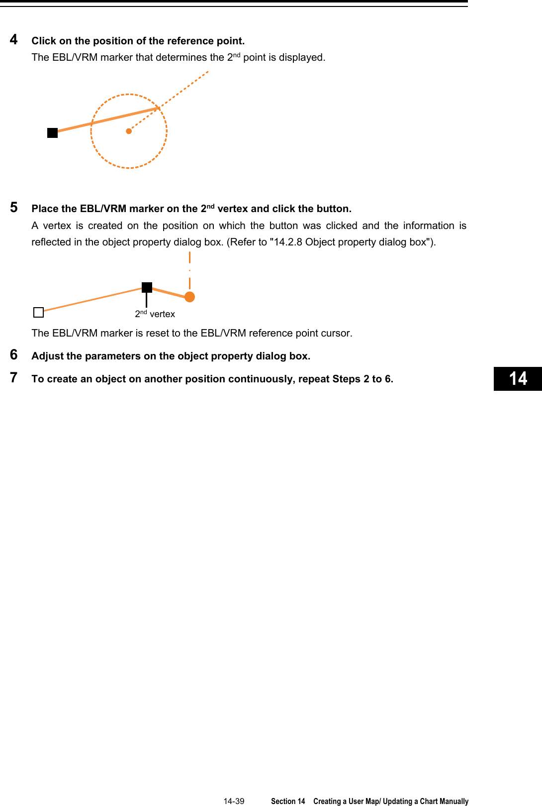   14-39  Section 14  Creating a User Map/ Updating a Chart Manually    1  2  3  4  5  6  7  8  9  10  11  12  13  14  15  16  17  18  19  20  21  22  23  24  25  26  27      4  Click on the position of the reference point. The EBL/VRM marker that determines the 2nd point is displayed.   5  Place the EBL/VRM marker on the 2nd vertex and click the button. A vertex is created on the position on which the button was clicked and the information is reflected in the object property dialog box. (Refer to &quot;14.2.8 Object property dialog box&quot;).  The EBL/VRM marker is reset to the EBL/VRM reference point cursor. 6  Adjust the parameters on the object property dialog box. 7  To create an object on another position continuously, repeat Steps 2 to 6.  2nd vertex 