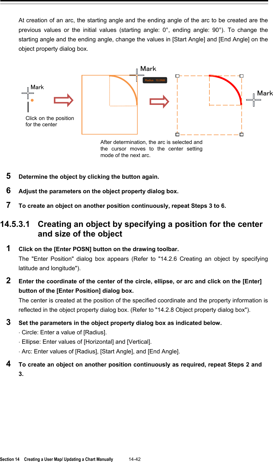  Section 14  Creating a User Map/ Updating a Chart Manually 14-42  At creation of an arc, the starting angle and the ending angle of the arc to be created are the previous values or the initial values (starting angle:  0°, ending angle: 90°). To change the starting angle and the ending angle, change the values in [Start Angle] and [End Angle] on the object property dialog box.   5  Determine the object by clicking the button again. 6  Adjust the parameters on the object property dialog box. 7  To create an object on another position continuously, repeat Steps 3 to 6.  14.5.3.1 Creating an object by specifying a position for the center and size of the object 1  Click on the [Enter POSN] button on the drawing toolbar. The  &quot;Enter Position&quot;  dialog box appears (Refer to &quot;14.2.6 Creating an object by specifying latitude and longitude&quot;). 2  Enter the coordinate of the center of the circle, ellipse, or arc and click on the [Enter] button of the [Enter Position] dialog box. The center is created at the position of the specified coordinate and the property information is reflected in the object property dialog box. (Refer to &quot;14.2.8 Object property dialog box&quot;). 3  Set the parameters in the object property dialog box as indicated below. ⋅ Circle: Enter a value of [Radius]. ⋅ Ellipse: Enter values of [Horizontal] and [Vertical]. ⋅ Arc: Enter values of [Radius], [Start Angle], and [End Angle]. 4  To create an object on another position continuously as required, repeat Steps 2 and 3.      Mark  10.0NMRadius   Mark Mark  Click on the position for the center After determination, the arc is selected and the cursor moves to the center setting mode of the next arc. 