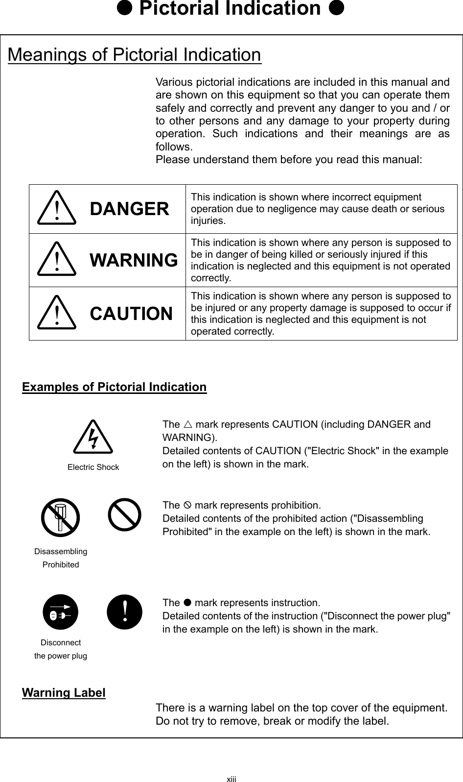 xiii  Pictorial Indication   Meanings of Pictorial Indication Various pictorial indications are included in this manual and are shown on this equipment so that you can operate them safely and correctly and prevent any danger to you and / or to other persons and any damage to your property during operation. Such indications and their meanings are as follows.   Please understand them before you read this manual:   DANGER This indication is shown where incorrect equipment operation due to negligence may cause death or serious injuries.  WARNING This indication is shown where any person is supposed to be in danger of being killed or seriously injured if this indication is neglected and this equipment is not operated correctly.  CAUTION This indication is shown where any person is supposed to be injured or any property damage is supposed to occur if this indication is neglected and this equipment is not operated correctly.   Examples of Pictorial Indication   Electric Shock The  mark represents CAUTION (including DANGER and WARNING). Detailed contents of CAUTION (&quot;Electric Shock&quot; in the example on the left) is shown in the mark.      Disassembling Prohibited   The  mark represents prohibition. Detailed contents of the prohibited action (&quot;Disassembling Prohibited&quot; in the example on the left) is shown in the mark.       Disconnect the power plug !  The  mark represents instruction. Detailed contents of the instruction (&quot;Disconnect the power plug&quot; in the example on the left) is shown in the mark.  Warning Label There is a warning label on the top cover of the equipment. Do not try to remove, break or modify the label.    !!!