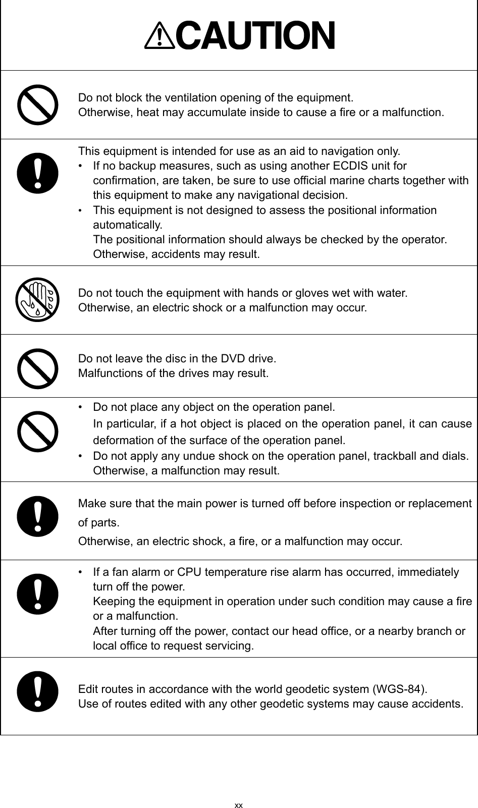 xx   Do not block the ventilation opening of the equipment. Otherwise, heat may accumulate inside to cause a fire or a malfunction.  This equipment is intended for use as an aid to navigation only. • If no backup measures, such as using another ECDIS unit for confirmation, are taken, be sure to use official marine charts together with this equipment to make any navigational decision. • This equipment is not designed to assess the positional information automatically. The positional information should always be checked by the operator. Otherwise, accidents may result.  Do not touch the equipment with hands or gloves wet with water. Otherwise, an electric shock or a malfunction may occur.  Do not leave the disc in the DVD drive. Malfunctions of the drives may result.  • Do not place any object on the operation panel. In particular, if a hot object is placed on the operation panel, it can cause deformation of the surface of the operation panel. • Do not apply any undue shock on the operation panel, trackball and dials. Otherwise, a malfunction may result.  Make sure that the main power is turned off before inspection or replacement of parts. Otherwise, an electric shock, a fire, or a malfunction may occur.    • If a fan alarm or CPU temperature rise alarm has occurred, immediately turn off the power. Keeping the equipment in operation under such condition may cause a fire or a malfunction. After turning off the power, contact our head office, or a nearby branch or local office to request servicing.  Edit routes in accordance with the world geodetic system (WGS-84). Use of routes edited with any other geodetic systems may cause accidents.    