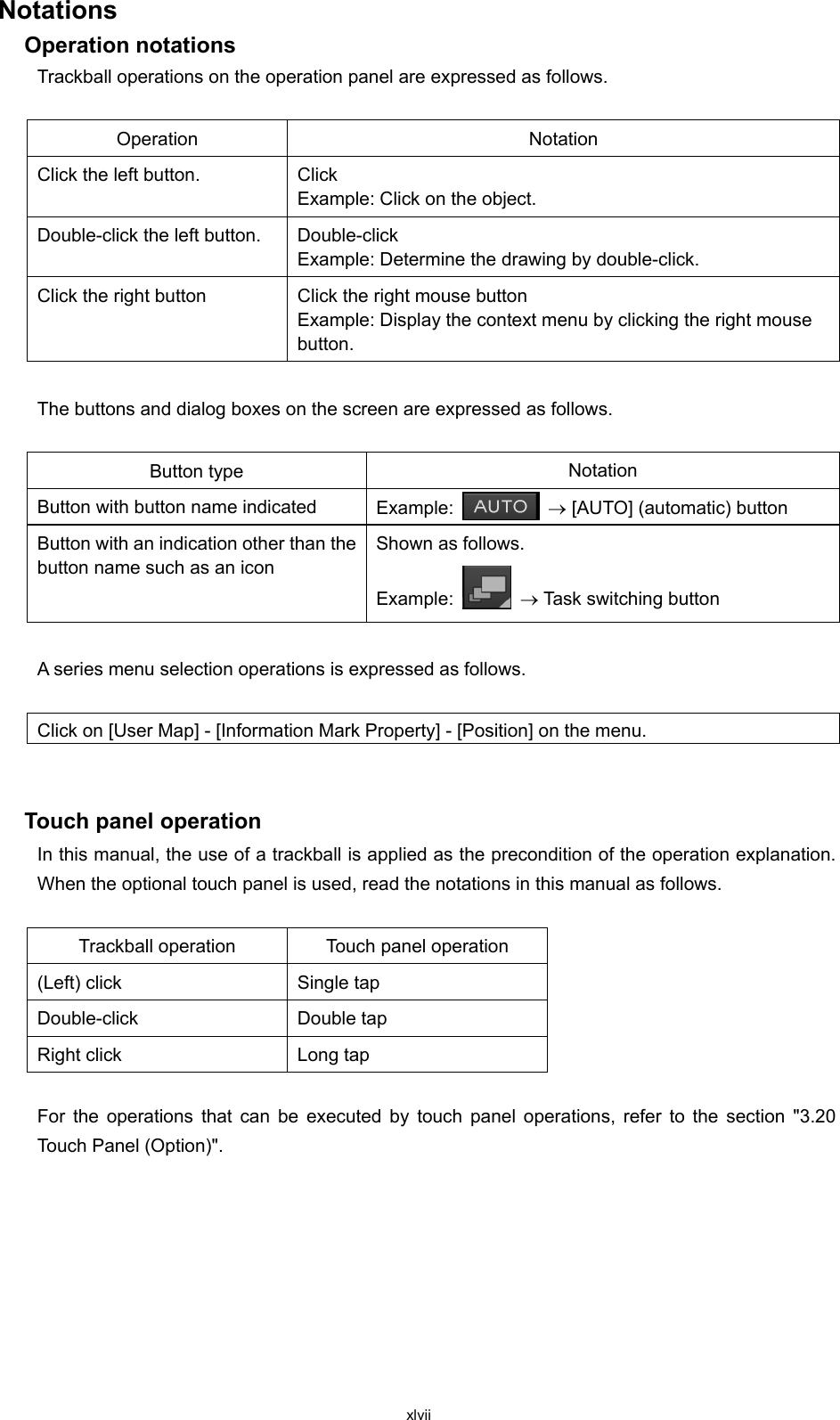  xlvii Notations Operation notations Trackball operations on the operation panel are expressed as follows.  Operation Notation Click the left button. Click Example: Click on the object. Double-click the left button. Double-click Example: Determine the drawing by double-click. Click the right button Click the right mouse button Example: Display the context menu by clicking the right mouse button.  The buttons and dialog boxes on the screen are expressed as follows.  Button type Notation Button with button name indicated Example:   → [AUTO] (automatic) button Button with an indication other than the button name such as an icon Shown as follows. Example:   → Task switching button  A series menu selection operations is expressed as follows.  Click on [User Map] - [Information Mark Property] - [Position] on the menu.   Touch panel operation In this manual, the use of a trackball is applied as the precondition of the operation explanation. When the optional touch panel is used, read the notations in this manual as follows.  Trackball operation Touch panel operation (Left) click Single tap Double-click Double tap Right click Long tap  For the operations that can be executed by touch panel operations, refer to the section &quot;3.20 Touch Panel (Option)&quot;.       