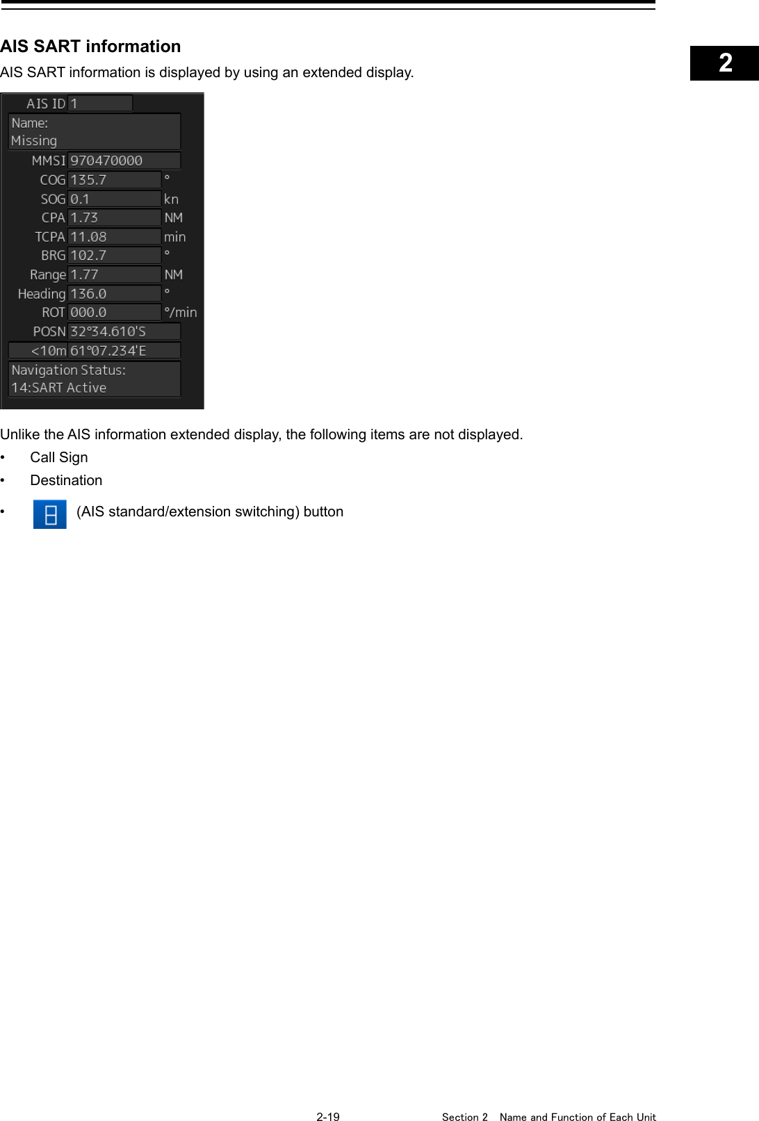   2-19  Section 2  Name and Function of Each Unit    1  2  3  4  5  6  7  8  9  10  11  12  13  14  15  16  17  18  19  20  21  22  23  24  25  APP A   APP B  1    AIS SART information AIS SART information is displayed by using an extended display.  Unlike the AIS information extended display, the following items are not displayed. • Call Sign • Destination •  (AIS standard/extension switching) button   