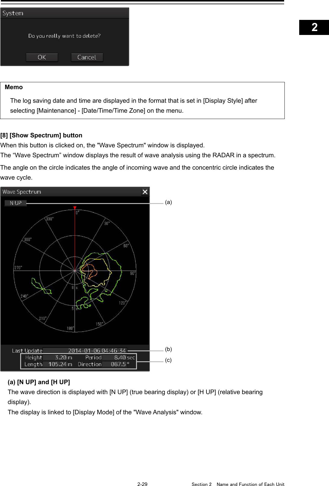    2-29  Section 2  Name and Function of Each Unit    1  2  3  4  5  6  7  8  9  10  11  12  13  14  15  16  17  18  19  20  21  22  23  24  25  APP A   APP B  1     Memo The log saving date and time are displayed in the format that is set in [Display Style] after selecting [Maintenance] - [Date/Time/Time Zone] on the menu.  [8] [Show Spectrum] button When this button is clicked on, the &quot;Wave Spectrum&quot; window is displayed. The “Wave Spectrum” window displays the result of wave analysis using the RADAR in a spectrum. The angle on the circle indicates the angle of incoming wave and the concentric circle indicates the wave cycle.  (a) [N UP] and [H UP] The wave direction is displayed with [N UP] (true bearing display) or [H UP] (relative bearing display). The display is linked to [Display Mode] of the &quot;Wave Analysis&quot; window.   (b) (c) (a)  