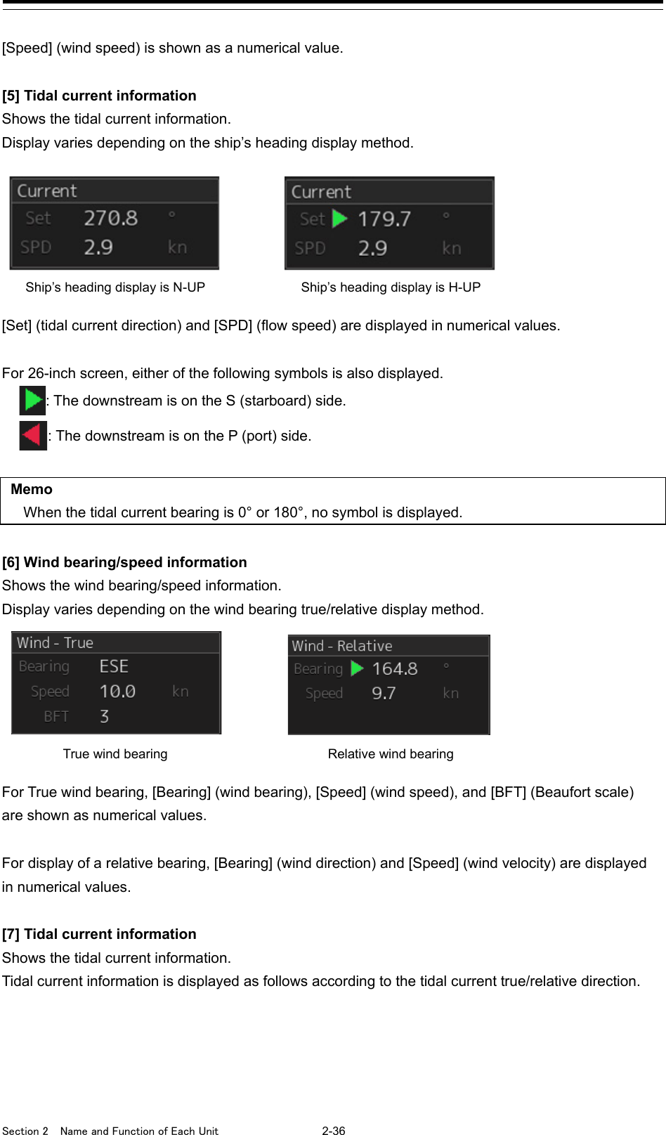  Section 2  Name and Function of Each Unit  2-36  [Speed] (wind speed) is shown as a numerical value.  [5] Tidal current information Shows the tidal current information. Display varies depending on the ship’s heading display method.   [Set] (tidal current direction) and [SPD] (flow speed) are displayed in numerical values.  For 26-inch screen, either of the following symbols is also displayed. : The downstream is on the S (starboard) side. : The downstream is on the P (port) side.  Memo When the tidal current bearing is 0° or 180°, no symbol is displayed.  [6] Wind bearing/speed information Shows the wind bearing/speed information. Display varies depending on the wind bearing true/relative display method.     For True wind bearing, [Bearing] (wind bearing), [Speed] (wind speed), and [BFT] (Beaufort scale) are shown as numerical values.  For display of a relative bearing, [Bearing] (wind direction) and [Speed] (wind velocity) are displayed in numerical values.  [7] Tidal current information Shows the tidal current information. Tidal current information is displayed as follows according to the tidal current true/relative direction.   Ship’s heading display is N-UP Ship’s heading display is H-UP True wind bearing Relative wind bearing 