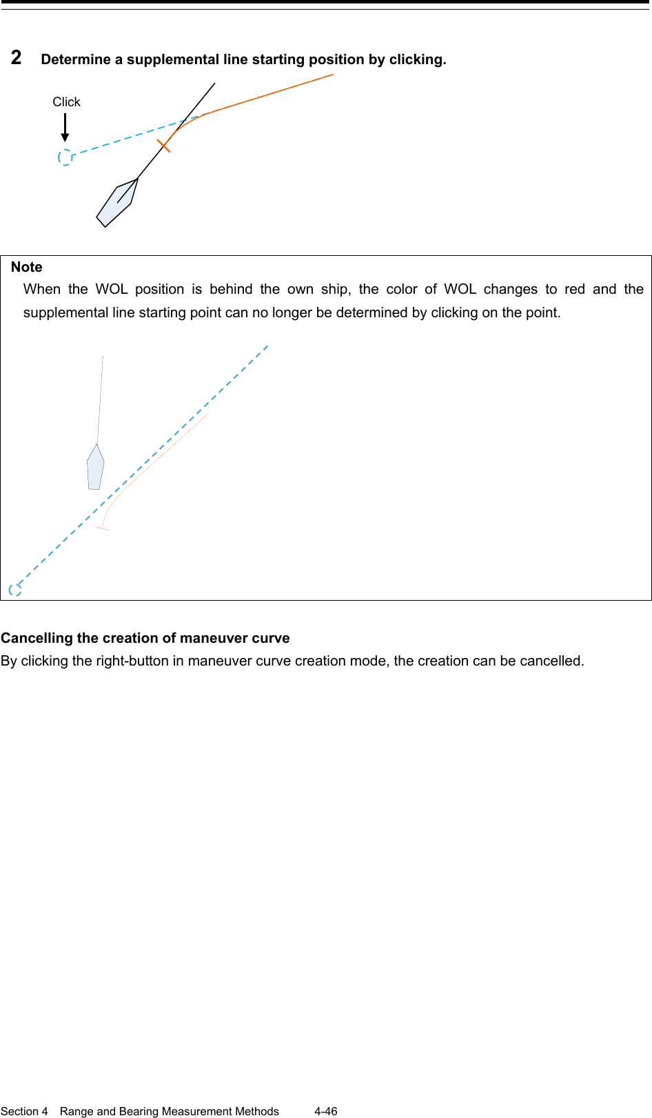  Section 4  Range and Bearing Measurement Methods 4-46  2  Determine a supplemental line starting position by clicking.   Note When the WOL position is behind the own ship, the color of WOL changes to red and the supplemental line starting point can no longer be determined by clicking on the point.    Cancelling the creation of maneuver curve By clicking the right-button in maneuver curve creation mode, the creation can be cancelled.      Click 