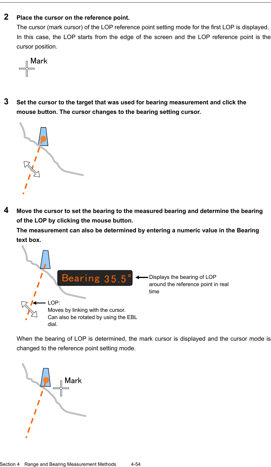  Section 4  Range and Bearing Measurement Methods 4-54  2  Place the cursor on the reference point. The cursor (mark cursor) of the LOP reference point setting mode for the first LOP is displayed. In this case, the LOP starts from the edge of the screen and the LOP reference point is the cursor position.    3  Set the cursor to the target that was used for bearing measurement and click the mouse button. The cursor changes to the bearing setting cursor.    4  Move the cursor to set the bearing to the measured bearing and determine the bearing of the LOP by clicking the mouse button. The measurement can also be determined by entering a numeric value in the Bearing text box.  When the bearing of LOP is determined, the mark cursor is displayed and the cursor mode is changed to the reference point setting mode.     Mark    Bear i ng 35.5 °LOP: Moves by linking with the cursor. Can also be rotated by using the EBL dial. Displays the bearing of LOP around the reference point in real time   Mark