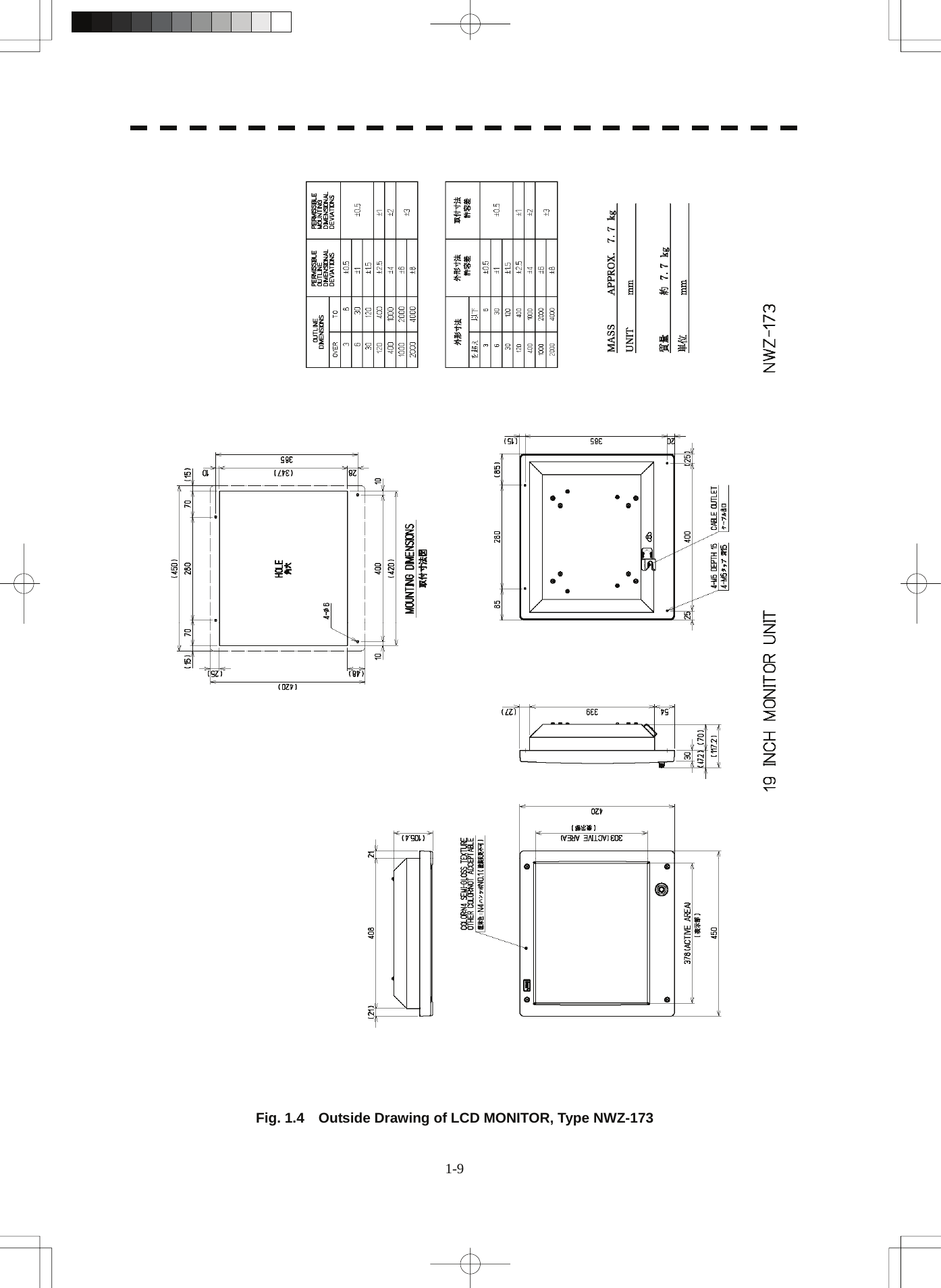  1-9   Fig. 1.4    Outside Drawing of LCD MONITOR, Type NWZ-173 