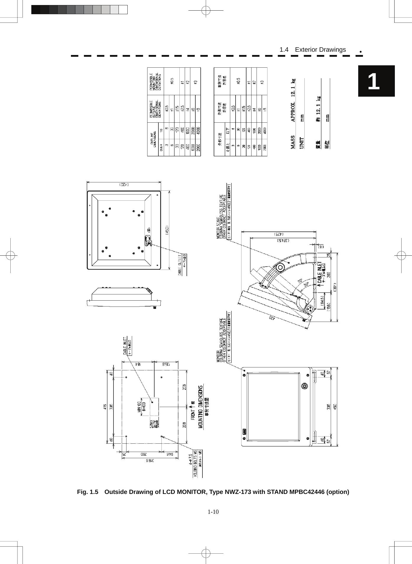  1-10 1.4  Exterior Drawings y1   Fig. 1.5    Outside Drawing of LCD MONITOR, Type NWZ-173 with STAND MPBC42446 (option) 