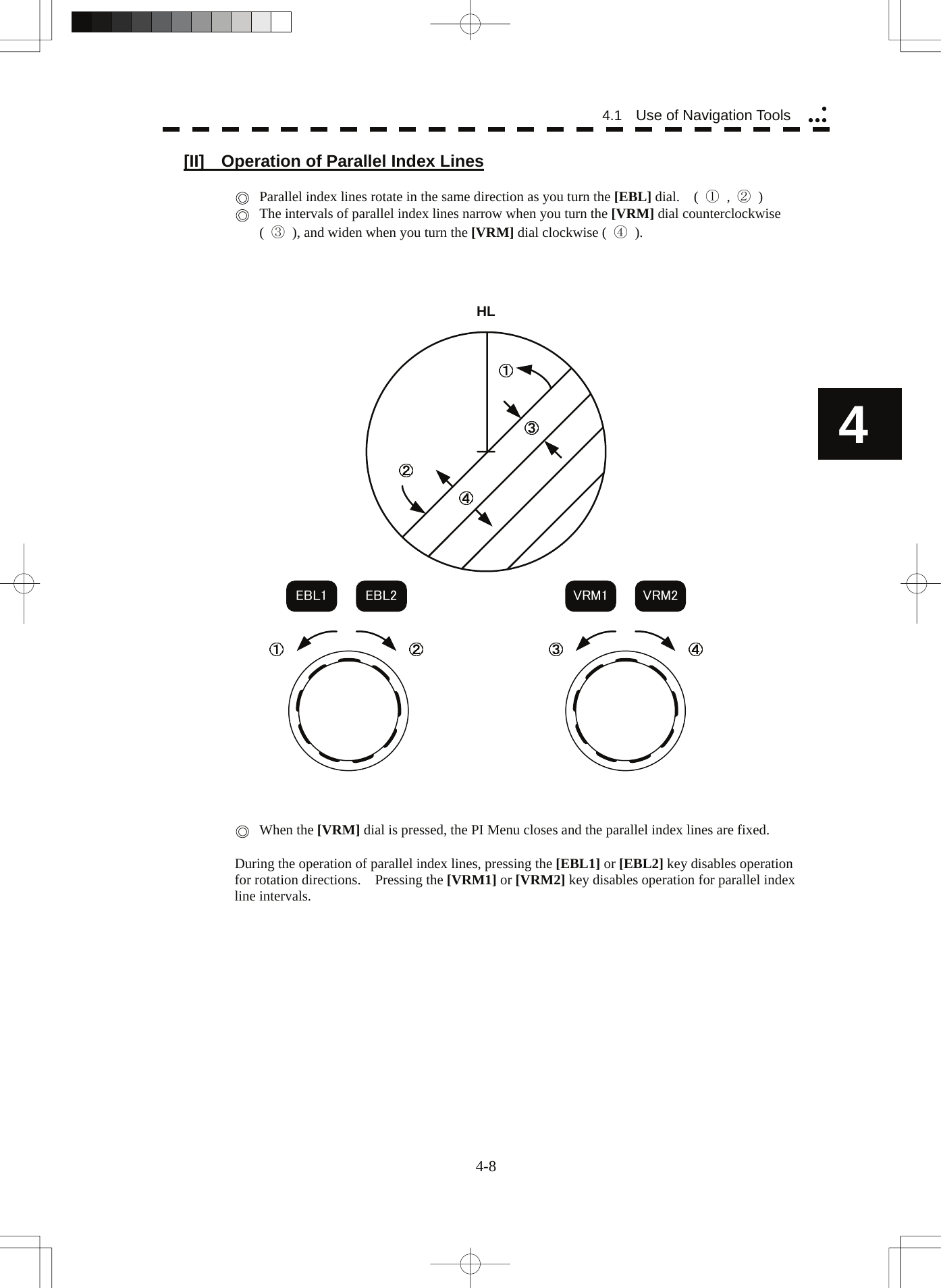   4-8 4.1  Use of Navigation Tools yyyy4 [II]    Operation of Parallel Index Lines     Parallel index lines rotate in the same direction as you turn the [EBL] dial.    (  ① , ② )    The intervals of parallel index lines narrow when you turn the [VRM] dial counterclockwise (  ③  ), and widen when you turn the [VRM] dial clockwise ( ④ ).    HLEBL1 EBL2 VRM1 VRM2       When the [VRM] dial is pressed, the PI Menu closes and the parallel index lines are fixed.  During the operation of parallel index lines, pressing the [EBL1] or [EBL2] key disables operation for rotation directions.    Pressing the [VRM1] or [VRM2] key disables operation for parallel index line intervals.    