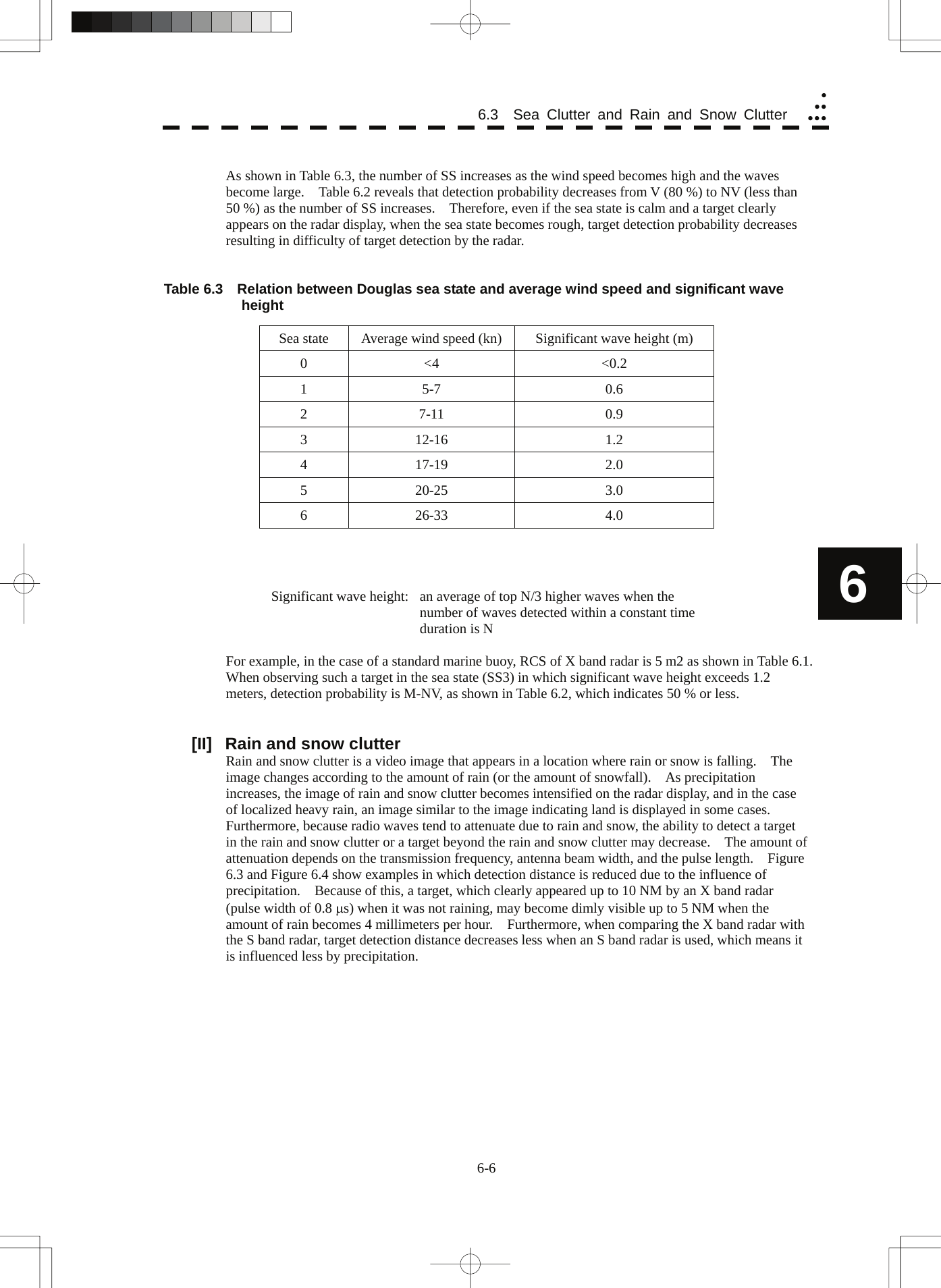  6-6 yyyyyy6  As shown in Table 6.3, the number of SS increases as the wind speed becomes high and the waves become large.    Table 6.2 reveals that detection probability decreases from V (80 %) to NV (less than 50 %) as the number of SS increases.    Therefore, even if the sea state is calm and a target clearly appears on the radar display, when the sea state becomes rough, target detection probability decreases resulting in difficulty of target detection by the radar.   Table 6.3    Relation between Douglas sea state and average wind speed and significant wave height                  Significant wave height:  an average of top N/3 higher waves when the number of waves detected within a constant time duration is N  For example, in the case of a standard marine buoy, RCS of X band radar is 5 m2 as shown in Table 6.1.   When observing such a target in the sea state (SS3) in which significant wave height exceeds 1.2 meters, detection probability is M-NV, as shown in Table 6.2, which indicates 50 % or less.   [II]  Rain and snow clutter   Rain and snow clutter is a video image that appears in a location where rain or snow is falling.    The image changes according to the amount of rain (or the amount of snowfall).    As precipitation increases, the image of rain and snow clutter becomes intensified on the radar display, and in the case of localized heavy rain, an image similar to the image indicating land is displayed in some cases.   Furthermore, because radio waves tend to attenuate due to rain and snow, the ability to detect a target in the rain and snow clutter or a target beyond the rain and snow clutter may decrease.    The amount of attenuation depends on the transmission frequency, antenna beam width, and the pulse length.    Figure 6.3 and Figure 6.4 show examples in which detection distance is reduced due to the influence of precipitation.    Because of this, a target, which clearly appeared up to 10 NM by an X band radar (pulse width of 0.8 μs) when it was not raining, may become dimly visible up to 5 NM when the amount of rain becomes 4 millimeters per hour.    Furthermore, when comparing the X band radar with the S band radar, target detection distance decreases less when an S band radar is used, which means it is influenced less by precipitation.  Sea state  Average wind speed (kn) Significant wave height (m) 0 &lt;4  &lt;0.2 1 5-7  0.6 2 7-11  0.9 3 12-16  1.2 4 17-19  2.0 5 20-25  3.0 6 26-33  4.0 6.3  Sea Clutter and Rain and Snow Clutter