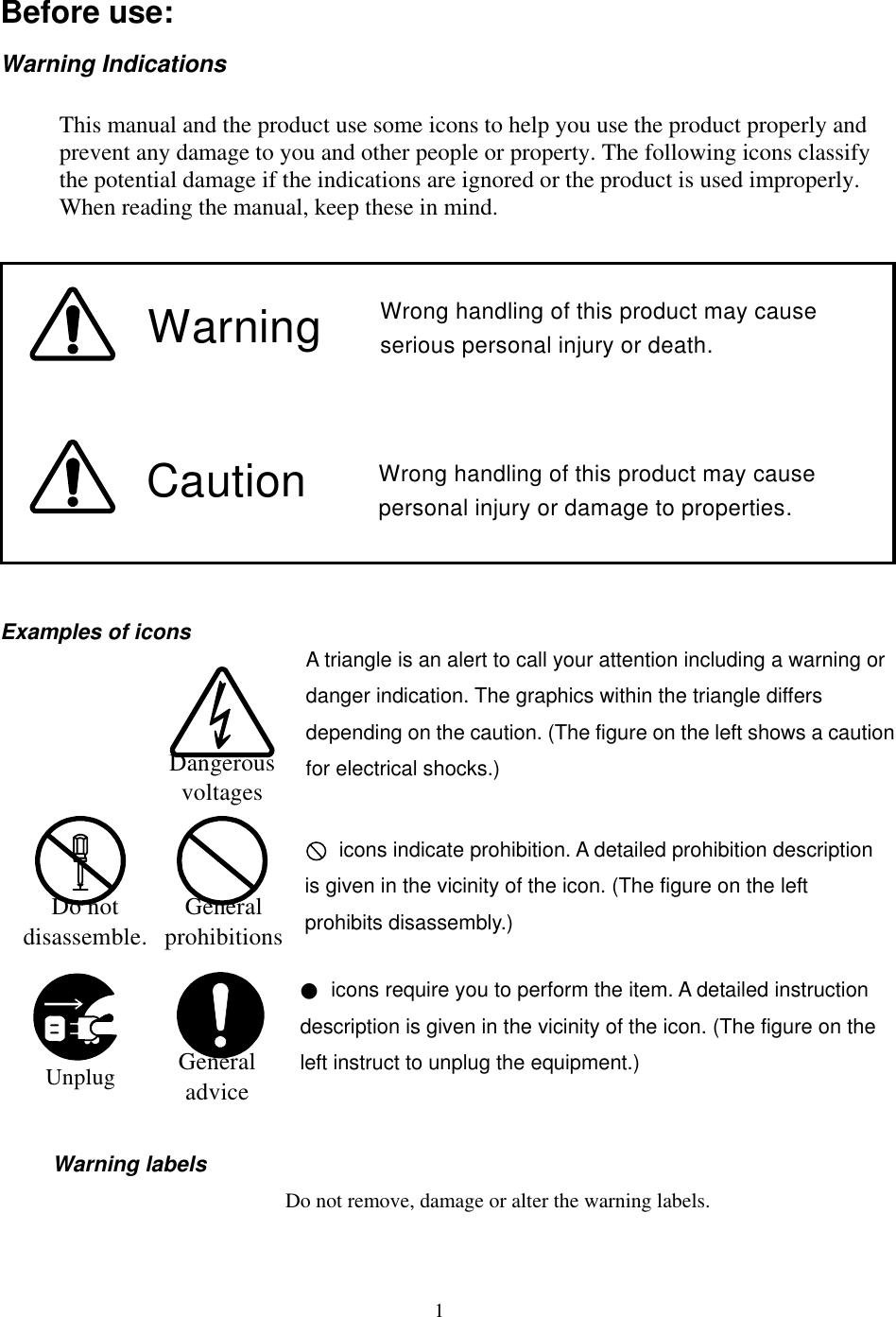   1  Before use: Warning Indications This manual and the product use some icons to help you use the product properly and prevent any damage to you and other people or property. The following icons classify the potential damage if the indications are ignored or the product is used improperly. When reading the manual, keep these in mind. Wrong handling of this product may cause serious personal injury or death.Wrong handling of this product may cause personal injury or damage to properties.WarningCaution Examples of icons          icons indicate prohibition. A detailed prohibition description is given in the vicinity of the icon. (The figure on the left prohibits disassembly.)        Warning labels Do not remove, damage or alter the warning labels.Dangerous voltagesGeneral prohibitionsDo not disassemble.General adviceUnplug  A triangle is an alert to call your attention including a warning or danger indication. The graphics within the triangle differs depending on the caution. (The figure on the left shows a caution for electrical shocks.) ●  icons require you to perform the item. A detailed instruction description is given in the vicinity of the icon. (The figure on the left instruct to unplug the equipment.) 