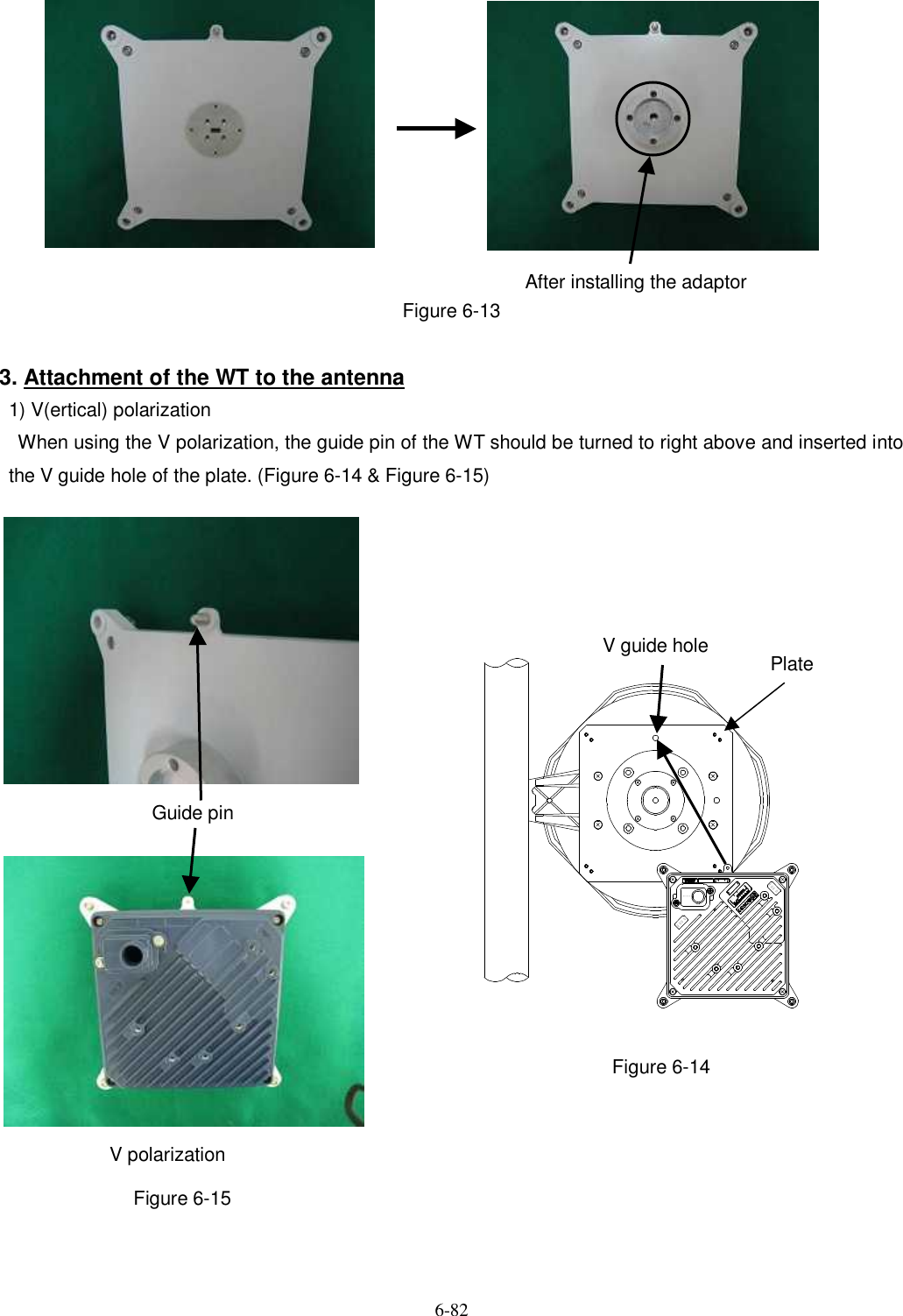   6-82            Figure 6-13  3. Attachment of the WT to the antenna 1) V(ertical) polarization     When using the V polarization, the guide pin of the WT should be turned to right above and inserted into the V guide hole of the plate. (Figure 6-14 &amp; Figure 6-15)                                  Figure 6-14        Figure 6-15   V polarization Guide pin Ｉ Ｃ： ７６ ８ Ｂ−Ｎ Ｔ Ｇ３ ３７ 注 ５ＴＯＰ ＶＴ ＯＰ ＨＥＴ Ｈ ＥＲＩＮＰＵ Ｔ ：Ｓ Ｅ Ｒ ． Ｎ Ｏ ：Ｍ Ａ Ｃ ：．： ： ： ： ：ＭＡＤＥ ＩＮ ＪＡＰ ＡＮＤＣ２ ４Ｖ ０．７ＡＴＹＰＥＷ −Ｗ Ｔ ＜ 注 １ ＞ＦＣＣＩ Ｄ： Ｃ ＫＥＮＴＧ３３ ７ − 注 １ＷＴ ＥＬ２ＭＯＤＥＬ：ＮＴＧ−３３７注２ＲV guide hole Plate After installing the adaptor 