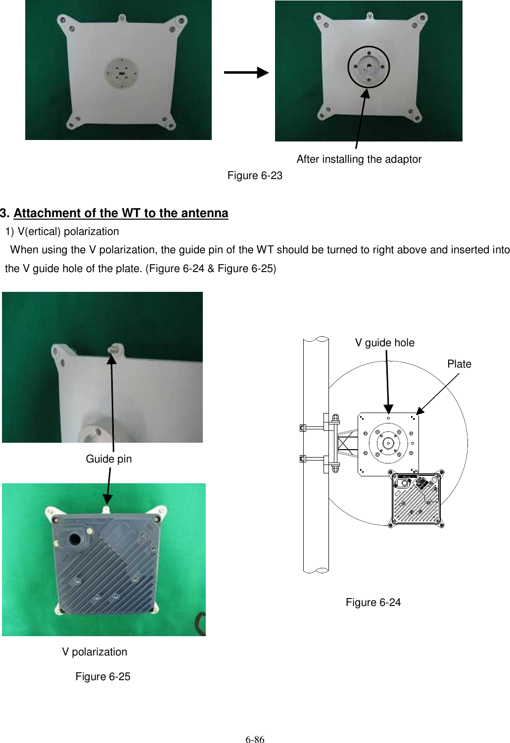   6-86            Figure 6-23  3. Attachment of the WT to the antenna 1) V(ertical) polarization     When using the V polarization, the guide pin of the WT should be turned to right above and inserted into the V guide hole of the plate. (Figure 6-24 &amp; Figure 6-25)                                  Figure 6-24        Figure 6-25   V polarization Guide pin After installing the adaptor V guide hole Plate Ｔ ＯＰＶＴＯＰ ＨＥＴＨＥＲ