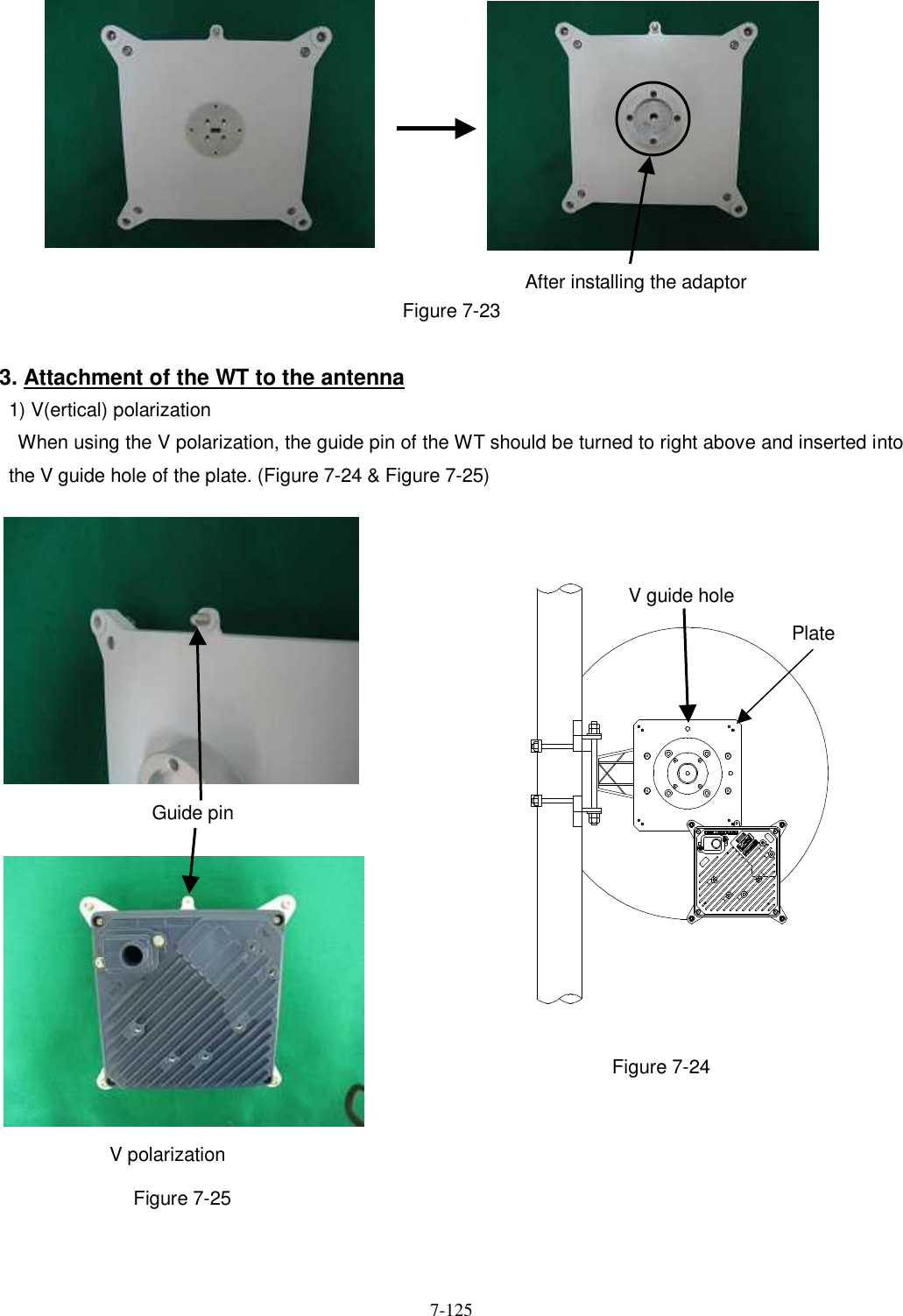   7-125            Figure 7-23  3. Attachment of the WT to the antenna 1) V(ertical) polarization     When using the V polarization, the guide pin of the WT should be turned to right above and inserted into the V guide hole of the plate. (Figure 7-24 &amp; Figure 7-25)                                  Figure 7-24        Figure 7-25   V polarization Guide pin After installing the adaptor V guide hole Plate Ｔ ＯＰＶＴＯＰ ＨＥＴＨＥＲ