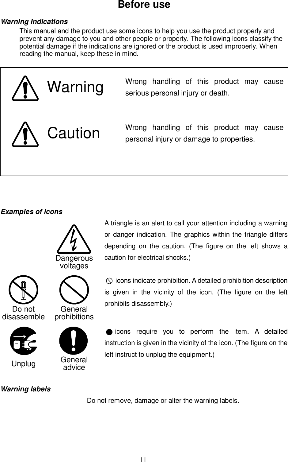  II Before use Warning Indications This manual and the product use some icons to help you use the product properly and prevent any damage to you and other people or property. The following icons classify the potential damage if the indications are ignored or the product is used improperly. When reading the manual, keep these in mind.     Examples of icons A triangle is an alert to call your attention including a warning or danger indication.  The graphics within the triangle differs depending  on  the  caution.  (The  figure  on  the  left  shows  a caution for electrical shocks.)      icons indicate prohibition. A detailed prohibition description is  given  in  the  vicinity  of  the  icon.  (The  figure  on  the  left prohibits disassembly.)        icons  require  you  to  perform  the  item.  A  detailed instruction is given in the vicinity of the icon. (The figure on the left instruct to unplug the equipment.)   Warning labels Do not remove, damage or alter the warning labels.    Warning      Caution  Wrong  handling  of  this  product  may  causeserious personal injury or death.   Wrong  handling  of  this  product  may  causepersonal injury or damage to properties.  DangerousvoltagesGeneralprohibitionsGeneraladviceDo notdisassembleUnplug