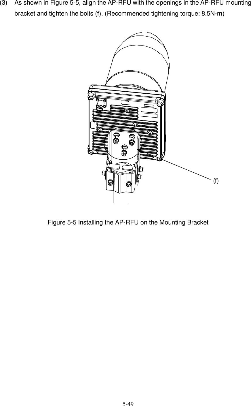   5-49    (3)  As shown in Figure 5-5, align the AP-RFU with the openings in the AP-RFU mounting bracket and tighten the bolts (f). (Recommended tightening torque: 8.5N-m)  Figure 5-5 Installing the AP-RFU on the Mounting Bracket                (f) 