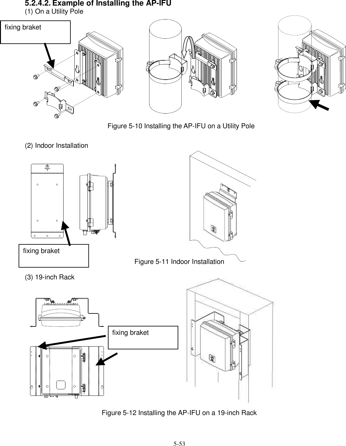   5-53   5.2.4.2. Example of Installing the AP-IFU (1) On a Utility Pole   Figure 5-10 Installing the AP-IFU on a Utility Pole  (2) Indoor Installation  Figure 5-11 Indoor Installation (3) 19-inch Rack       Figure 5-12 Installing the AP-IFU on a 19-inch Rack fixing braket fixing braket fixing braket 