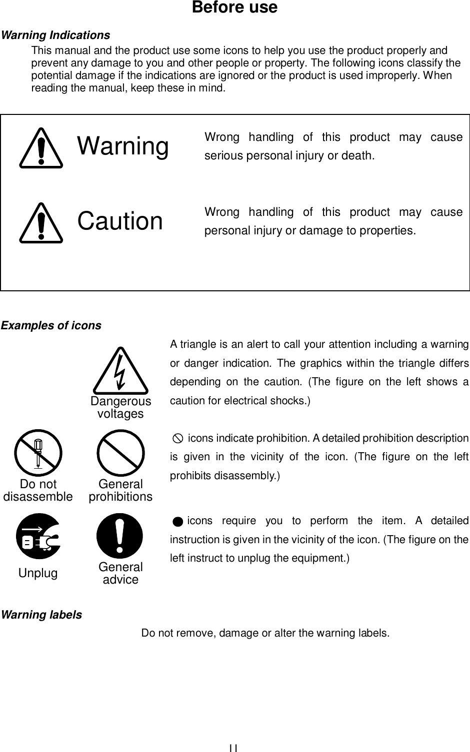  II Before use Warning Indications This manual and the product use some icons to help you use the product properly and prevent any damage to you and other people or property. The following icons classify the potential damage if the indications are ignored or the product is used improperly. When reading the manual, keep these in mind.     Examples of icons A triangle is an alert to call your attention including a warning or danger indication.  The graphics within the triangle differs depending  on  the  caution.  (The  figure  on  the  left  shows  a caution for electrical shocks.)      icons indicate prohibition. A detailed prohibition description is  given  in  the  vicinity  of  the  icon.  (The  figure  on  the  left prohibits disassembly.)           icons  require  you  to  perform  the  item.  A  detailed instruction is given in the vicinity of the icon. (The figure on the left instruct to unplug the equipment.)   Warning labels Do not remove, damage or alter the warning labels.    Warning      Caution  Wrong  handling  of  this  product  may  cause serious personal injury or death.   Wrong  handling  of  this  product  may  cause personal injury or damage to properties.  DangerousvoltagesGeneralprohibitionsGeneraladviceDo notdisassembleUnplug