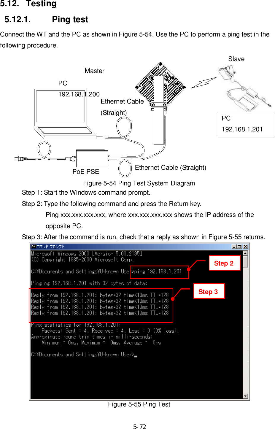     5-725.12.  Testing 5.12.1.  Ping test Connect the WT and the PC as shown in Figure 5-54. Use the PC to perform a ping test in the following procedure.  Figure 5-54 Ping Test System Diagram Step 1: Start the Windows command prompt. Step 2: Type the following command and press the Return key. Ping xxx.xxx.xxx.xxx, where xxx.xxx.xxx.xxx shows the IP address of the opposite PC. Step 3: After the command is run, check that a reply as shown in Figure 5-55 returns.  Figure 5-55 Ping Test Master PC 192.168.1.200 Ethernet Cable  (Straight)  PoE PSE Ethernet Cable (Straight) Slave Step 2 Step 3 PC 192.168.1.201 