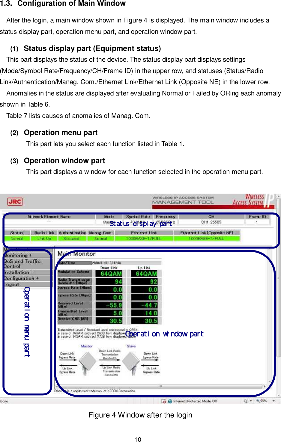    10  1.3.  Configuration of Main Window After the login, a main window shown in Figure 4 is displayed. The main window includes a status display part, operation menu part, and operation window part. (1)   Status display part (Equipment status)   This part displays the status of the device. The status display part displays settings (Mode/Symbol Rate/Frequency/CH/Frame ID) in the upper row, and statuses (Status/Radio Link/Authentication/Manag. Com./Ethernet Link/Ethernet Link (Opposite NE) in the lower row. Anomalies in the status are displayed after evaluating Normal or Failed by ORing each anomaly shown in Table 6. Table 7 lists causes of anomalies of Manag. Com. (2)   Operation menu part This part lets you select each function listed in Table 1. (3)   Operation window part This part displays a window for each function selected in the operation menu part.   Figure 4 Window after the login  Status display part  Operation menu part       Operation window part 