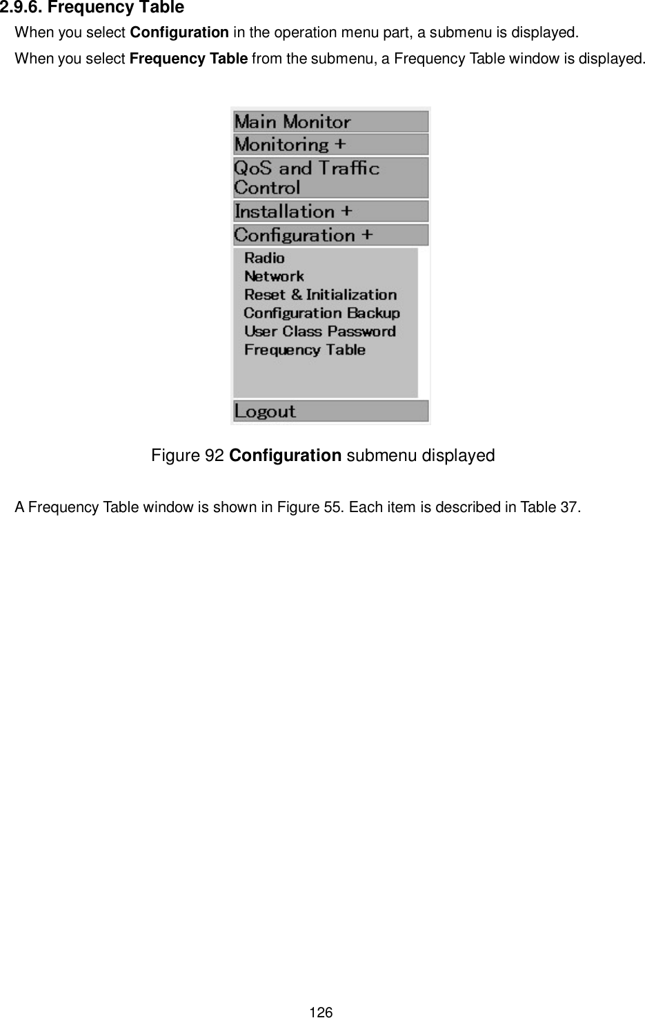    126  2.9.6. Frequency Table When you select Configuration in the operation menu part, a submenu is displayed. When you select Frequency Table from the submenu, a Frequency Table window is displayed.   Figure 92 Configuration submenu displayed  A Frequency Table window is shown in Figure 55. Each item is described in Table 37.  