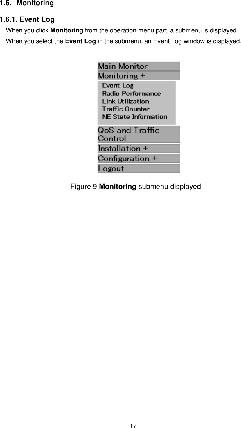    17  1.6.  Monitoring 1.6.1. Event Log When you click Monitoring from the operation menu part, a submenu is displayed. When you select the Event Log in the submenu, an Event Log window is displayed.   Figure 9 Monitoring submenu displayed 