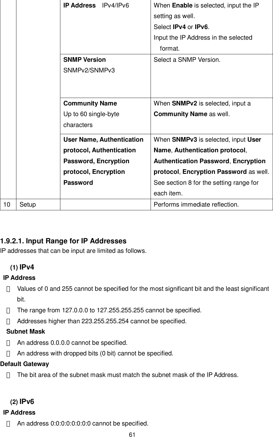    61 IP Address    IPv4/IPv6  When Enable is selected, input the IP setting as well. Select IPv4 or IPv6.   Input the IP Address in the selected format. SNMP Version SNMPv2/SNMPv3 Select a SNMP Version.  Community Name Up to 60 single-byte characters When SNMPv2 is selected, input a Community Name as well. User Name, Authentication protocol, Authentication Password, Encryption protocol, Encryption Password When SNMPv3 is selected, input User Name, Authentication protocol, Authentication Password, Encryption protocol, Encryption Password as well. See section 8 for the setting range for each item. 10  Setup    Performs immediate reflection.   1.9.2.1. Input Range for IP Addresses IP addresses that can be input are limited as follows. (1) IPv4   IP Address ・  Values of 0 and 255 cannot be specified for the most significant bit and the least significant bit. ・  The range from 127.0.0.0 to 127.255.255.255 cannot be specified. ・  Addresses higher than 223.255.255.254 cannot be specified. Subnet Mask ・  An address 0.0.0.0 cannot be specified. ・  An address with dropped bits (0 bit) cannot be specified. Default Gateway ・  The bit area of the subnet mask must match the subnet mask of the IP Address.  (2) IPv6  IP Address ・  An address 0:0:0:0:0:0:0:0 cannot be specified. 