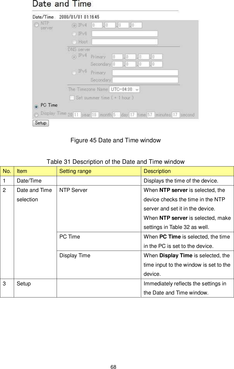    68  Figure 45 Date and Time window  Table 31 Description of the Date and Time window No. Item  Setting range  Description 1  Date/Time    Displays the time of the device. NTP Server  When NTP server is selected, the device checks the time in the NTP server and set it in the device. When NTP server is selected, make settings in Table 32 as well. PC Time  When PC Time is selected, the time in the PC is set to the device. 2  Date and Time selection Display Time  When Display Time is selected, the time input to the window is set to the device. 3  Setup    Immediately reflects the settings in the Date and Time window.  