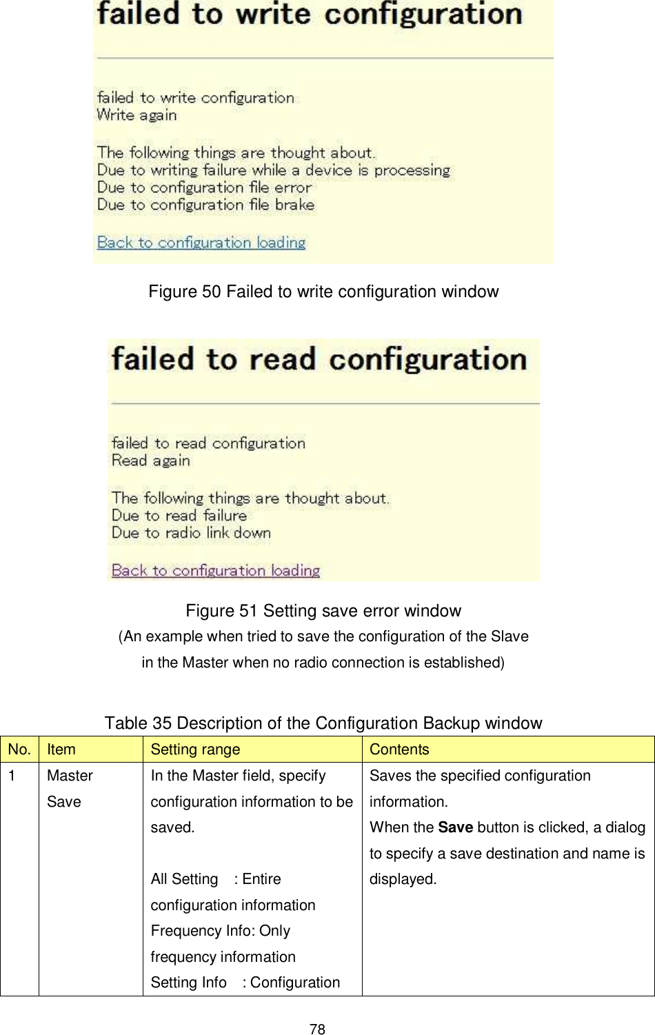    78  Figure 50 Failed to write configuration window   Figure 51 Setting save error window (An example when tried to save the configuration of the Slave in the Master when no radio connection is established)  Table 35 Description of the Configuration Backup window No. Item  Setting range  Contents 1  Master Save In the Master field, specify configuration information to be saved.  All Setting    : Entire configuration information Frequency Info: Only frequency information Setting Info    : Configuration Saves the specified configuration information. When the Save button is clicked, a dialog to specify a save destination and name is displayed. 