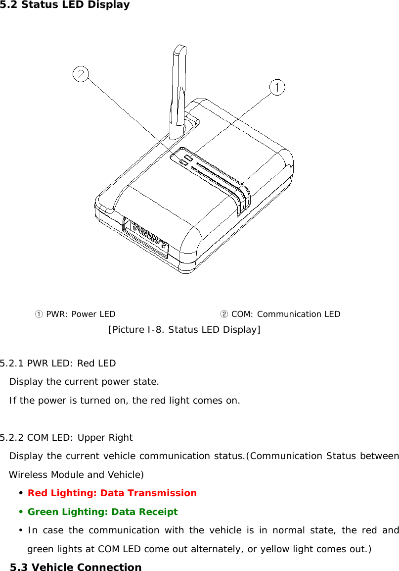 5.2 Status LED Display     ① PWR: Power LED  ② COM: Communication LED [Picture I-8. Status LED Display]  5.2.1 PWR LED: Red LED    Display the current power state.     If the power is turned on, the red light comes on.   5.2.2 COM LED: Upper Right     Display the current vehicle communication status.(Communication Status between Wireless Module and Vehicle) • Red Lighting: Data Transmission  • Green Lighting: Data Receipt  • In case the communication with the vehicle is in normal state, the red and green lights at COM LED come out alternately, or yellow light comes out.)  5.3 Vehicle Connection  