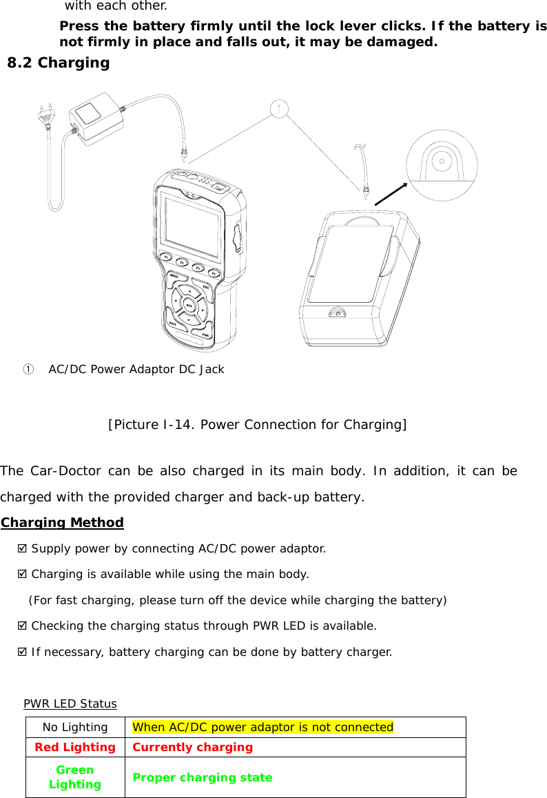 with each other.  Press the battery firmly until the lock lever clicks. If the battery is not firmly in place and falls out, it may be damaged.  8.2 Charging   ① AC/DC Power Adaptor DC Jack   [Picture I-14. Power Connection for Charging]  The Car-Doctor can be also charged in its main body. In addition, it can be charged with the provided charger and back-up battery.  Charging Method ; Supply power by connecting AC/DC power adaptor.  ; Charging is available while using the main body. (For fast charging, please turn off the device while charging the battery) ; Checking the charging status through PWR LED is available. ; If necessary, battery charging can be done by battery charger.     PWR LED StatusNo Lighting  When AC/DC power adaptor is not connected Red Lighting Currently charging  Green Lighting  Proper charging state  