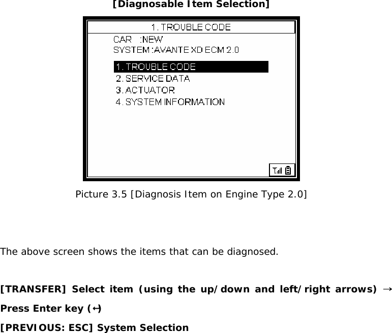 [Diagnosable Item Selection]  Picture 3.5 [Diagnosis Item on Engine Type 2.0]   The above screen shows the items that can be diagnosed.   [TRANSFER] Select item (using the up/down and left/right arrows) → Press Enter key () [PREVIOUS: ESC] System Selection  