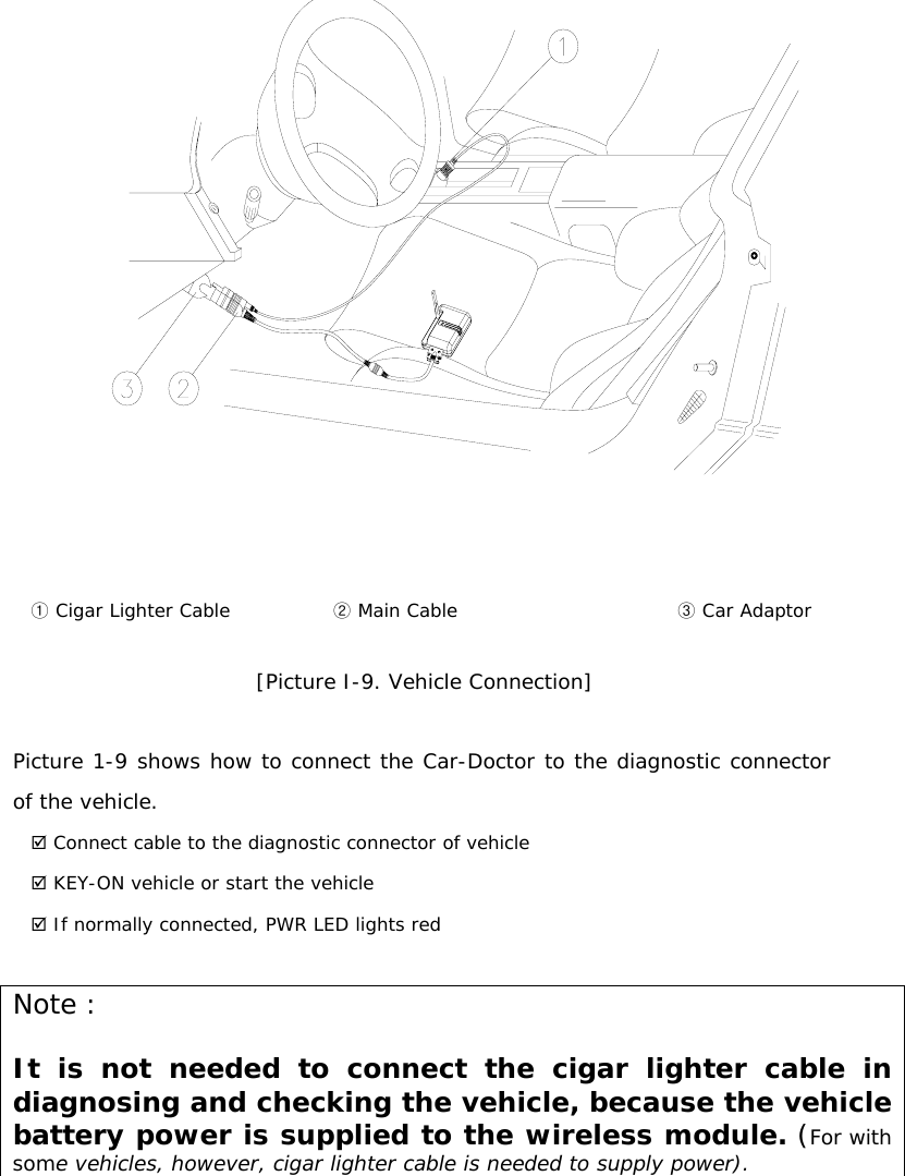   ① Cigar Lighter Cable  ② Main Cable   ③ Car Adaptor [Picture I-9. Vehicle Connection]   Picture 1-9 shows how to connect the Car-Doctor to the diagnostic connector of the vehicle.  ; Connect cable to the diagnostic connector of vehicle ; KEY-ON vehicle or start the vehicle   ; If normally connected, PWR LED lights red  Note :  It is not needed to connect the cigar lighter cable in diagnosing and checking the vehicle, because the vehicle battery power is supplied to the wireless module. (For with some vehicles, however, cigar lighter cable is needed to supply power).    