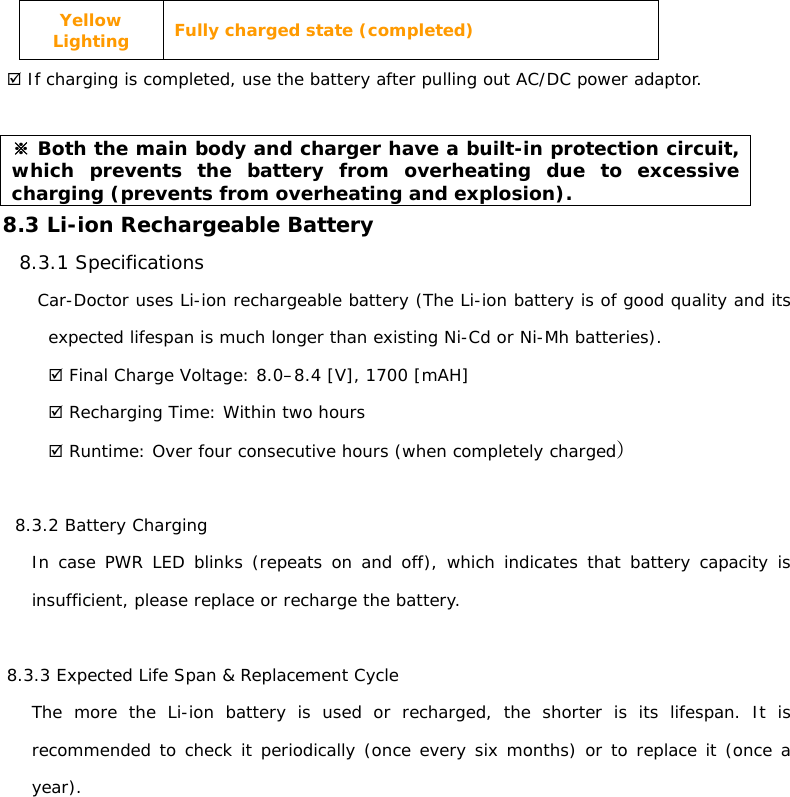 Yellow Lighting  Fully charged state (completed) ; If charging is completed, use the battery after pulling out AC/DC power adaptor.   ※Both the main body and charger have a built-in protection circuit, which prevents the battery from overheating due to excessive charging (prevents from overheating and explosion). 8.3 Li-ion Rechargeable Battery  8.3.1 Specifications   Car-Doctor uses Li-ion rechargeable battery (The Li-ion battery is of good quality and its expected lifespan is much longer than existing Ni-Cd or Ni-Mh batteries). ; Final Charge Voltage: 8.0–8.4 [V], 1700 [mAH] ; Recharging Time: Within two hours ; Runtime: Over four consecutive hours (when completely charged)  8.3.2 Battery Charging  In case PWR LED blinks (repeats on and off), which indicates that battery capacity is insufficient, please replace or recharge the battery.     8.3.3 Expected Life Span &amp; Replacement Cycle The more the Li-ion battery is used or recharged, the shorter is its lifespan. It is recommended to check it periodically (once every six months) or to replace it (once a year).           