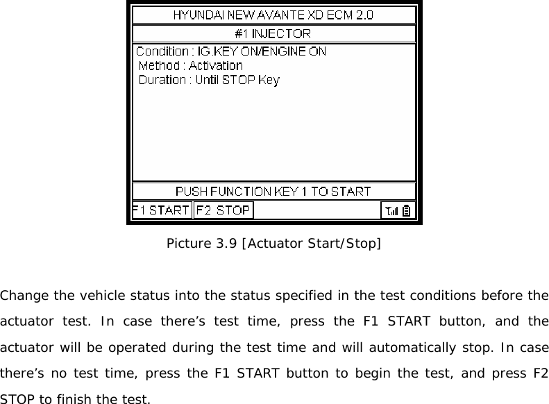  Picture 3.9 [Actuator Start/Stop]  Change the vehicle status into the status specified in the test conditions before the actuator test. In case there’s test time, press the F1 START button, and the actuator will be operated during the test time and will automatically stop. In case there’s no test time, press the F1 START button to begin the test, and press F2 STOP to finish the test.   