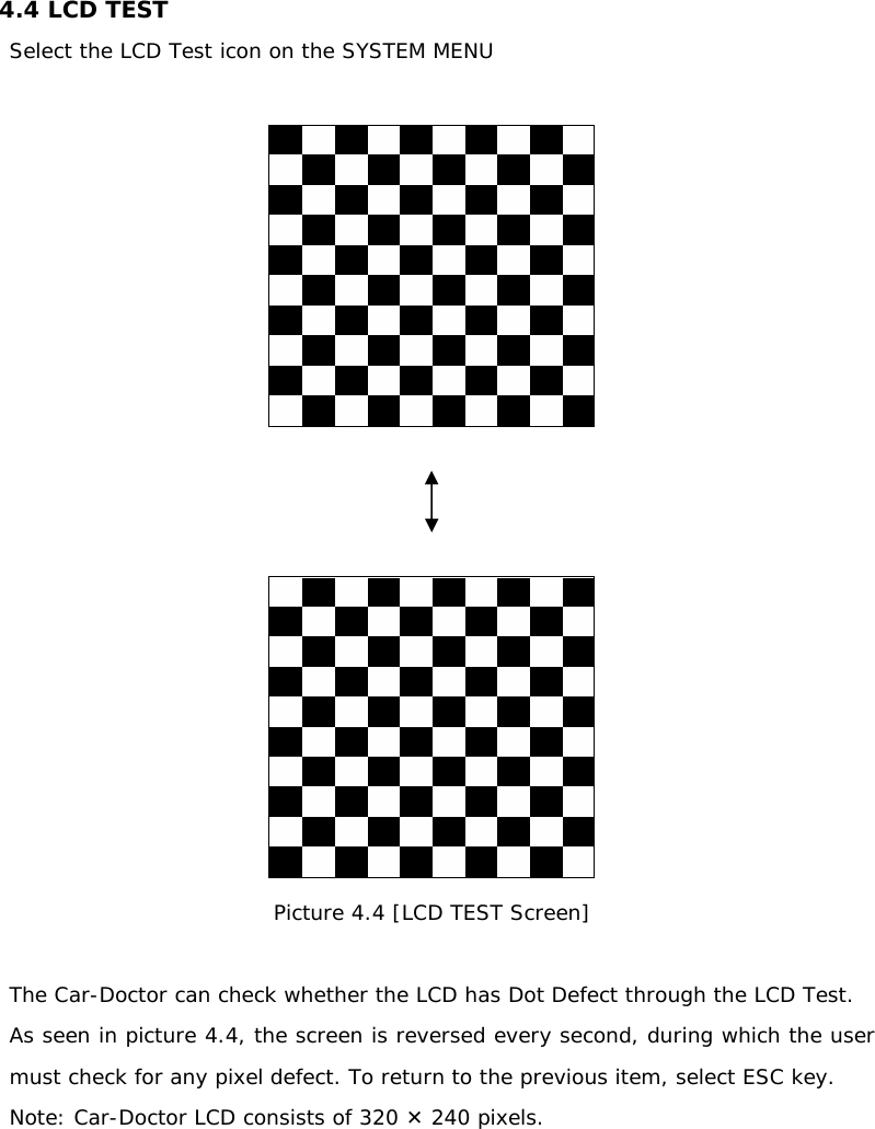 4.4 LCD TEST Select the LCD Test icon on the SYSTEM MENU       Picture 4.4 [LCD TEST Screen]  The Car-Doctor can check whether the LCD has Dot Defect through the LCD Test. As seen in picture 4.4, the screen is reversed every second, during which the user must check for any pixel defect. To return to the previous item, select ESC key. Note: Car-Doctor LCD consists of 320 ± 240 pixels.     