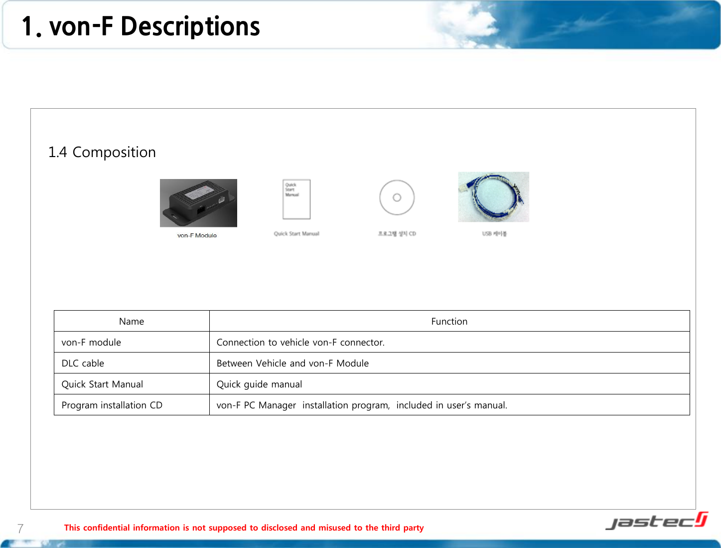 This confidential information is not supposed to disclosed and misused to the third party 7   1.4 Composition                    Name Function von-F module Connection to vehicle von-F connector. DLC cable Between Vehicle and von-F Module Quick Start Manual Quick guide manual  Program installation CD von-F PC Manager  installation program,  included in user’s manual. 1. von-F Descriptions 