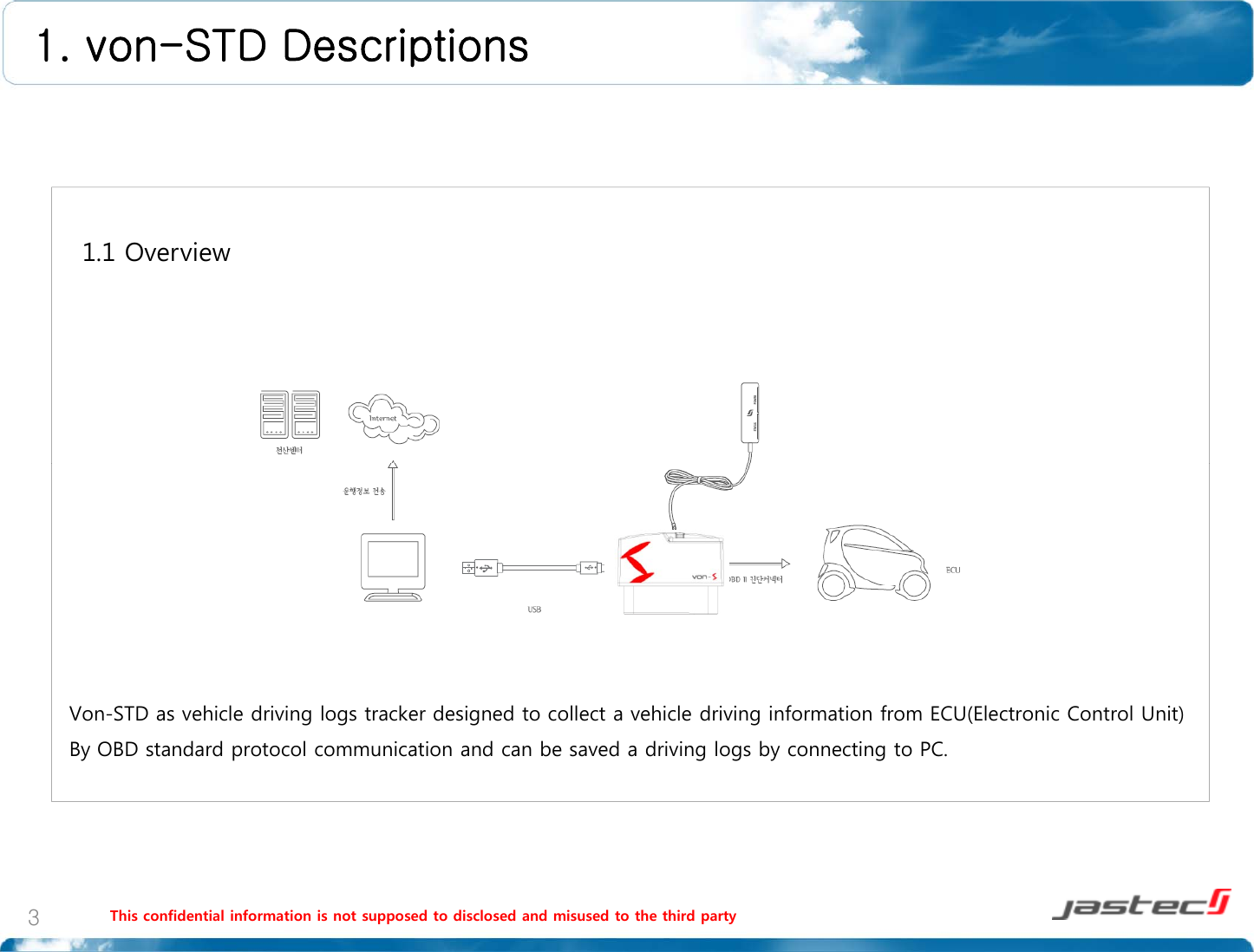 1. von-STD Descriptions1.1 Overview VSTD hil dii l t k d i dt ll t hil dii if ti f ECU(El t i C t lUit)Von-STD as vehicle driving logs tracker designed to collect a vehicle driving information from ECU(Electronic Control Unit) By OBD standard protocol communication and can be saved a driving logs by connecting to PC.This confidential information is not supposed to disclosed and misused to the third party3